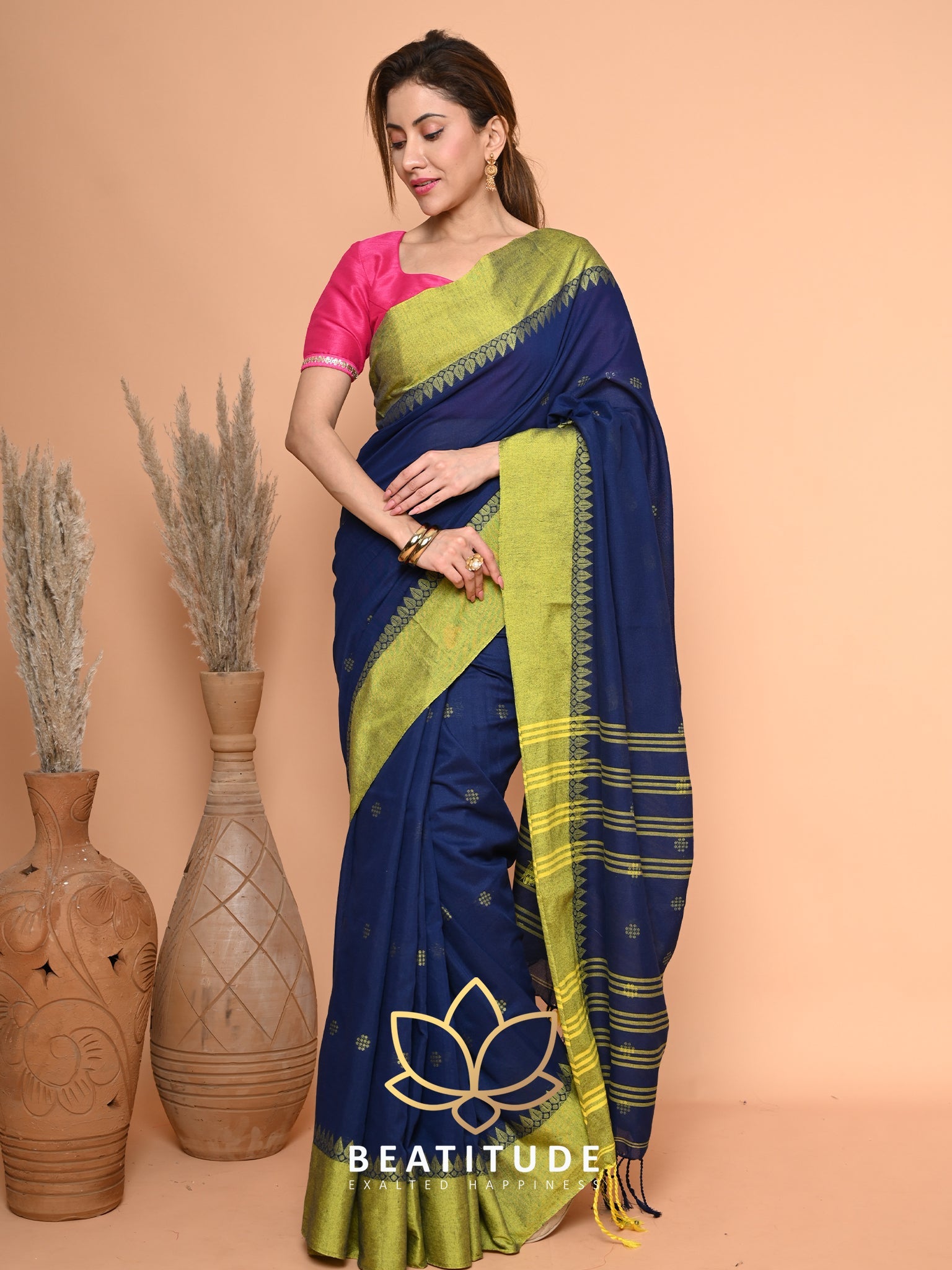 Blue Cotton Velvet Border Saree