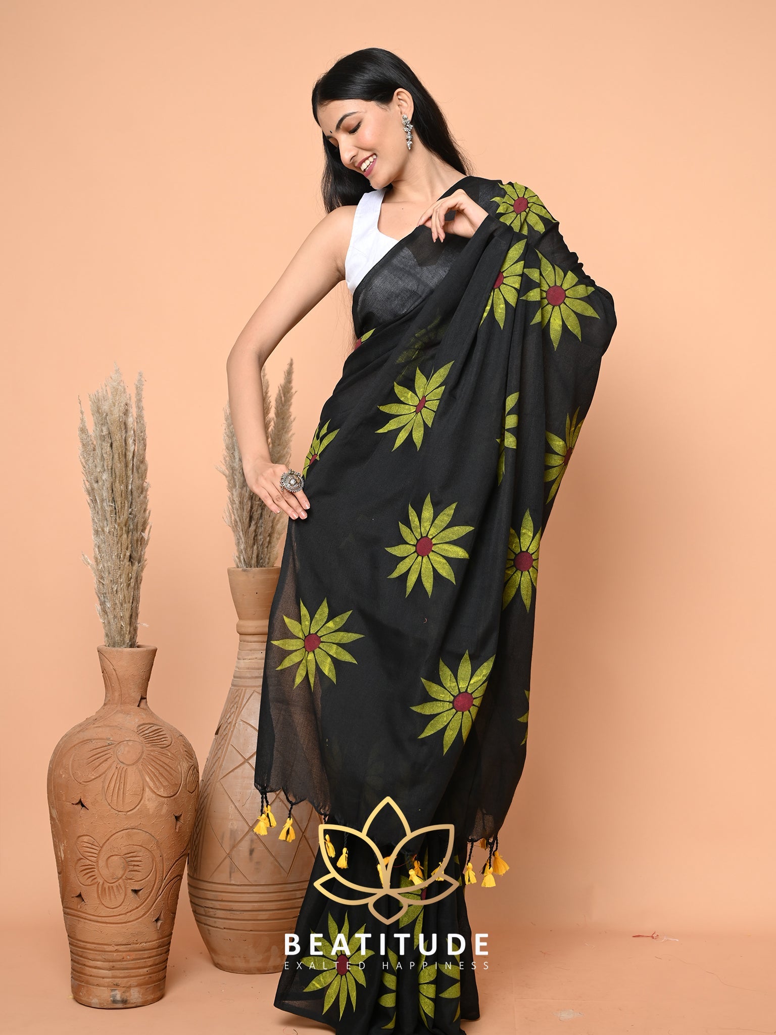Black Cotton Hand Paint Saree