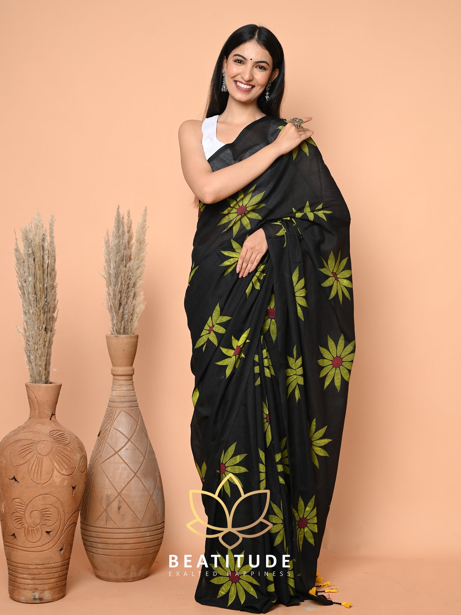 Black Cotton Hand Paint Saree
