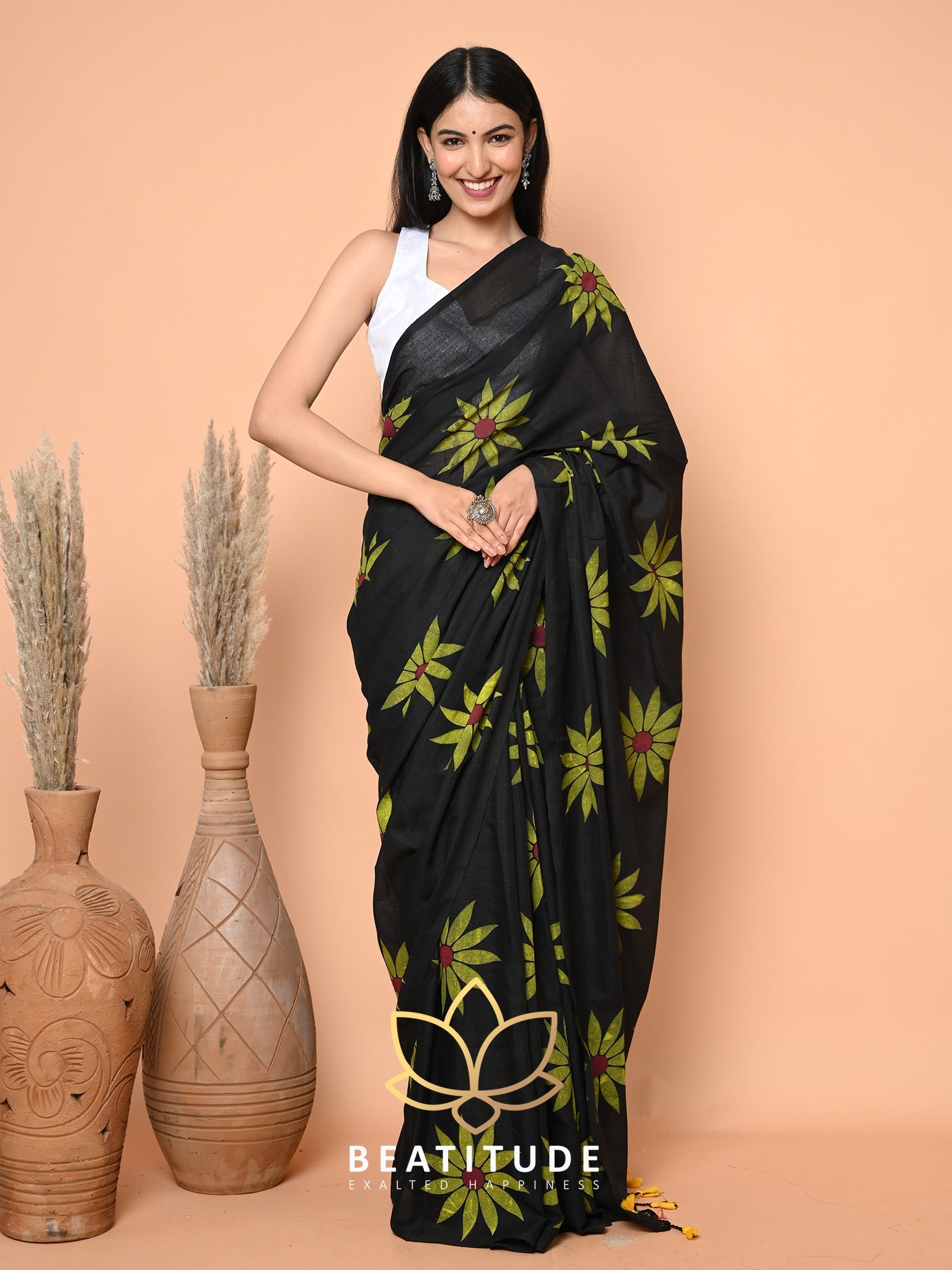 Black Cotton Hand Paint Saree