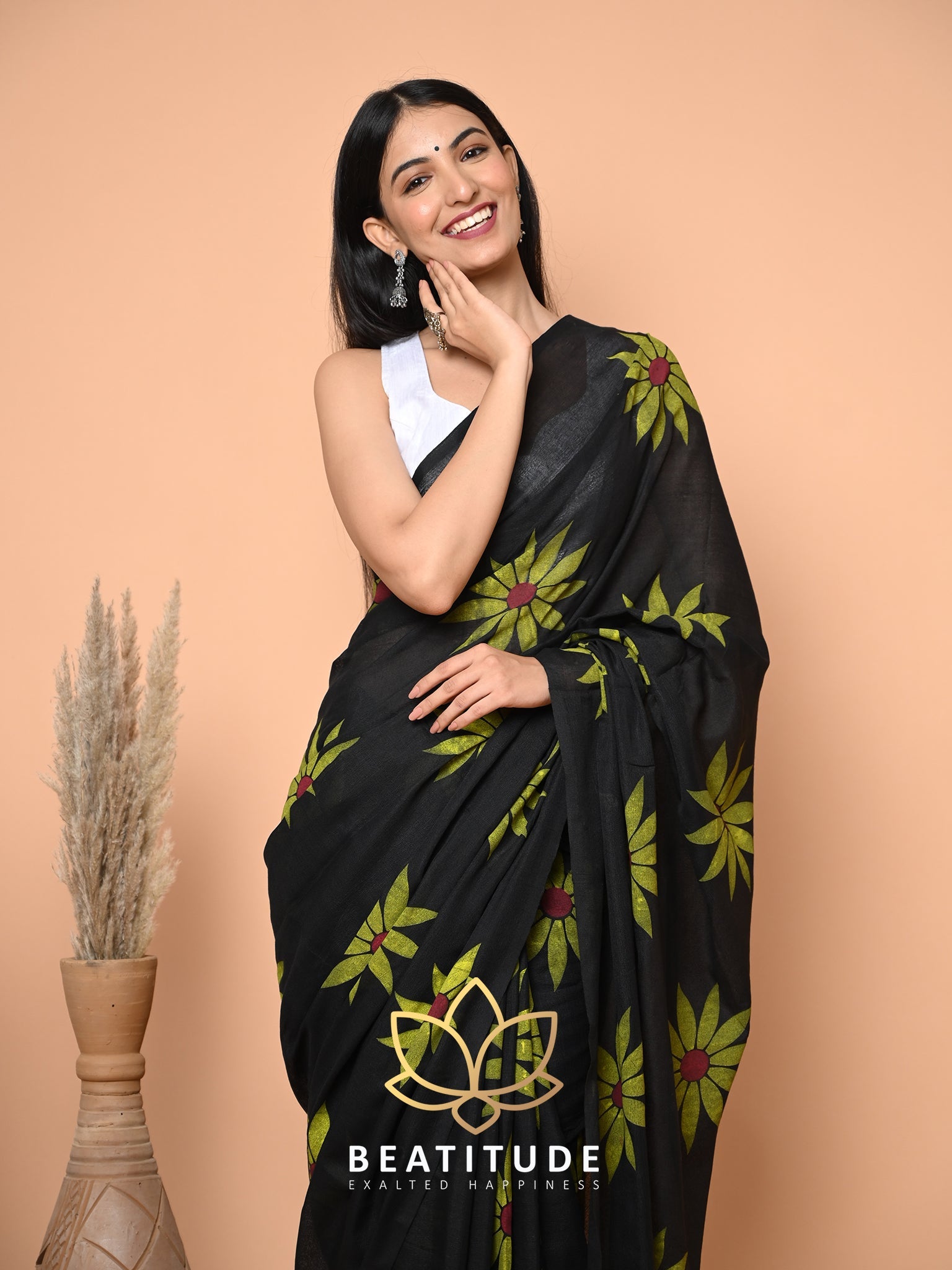 Black Cotton Hand Paint Saree