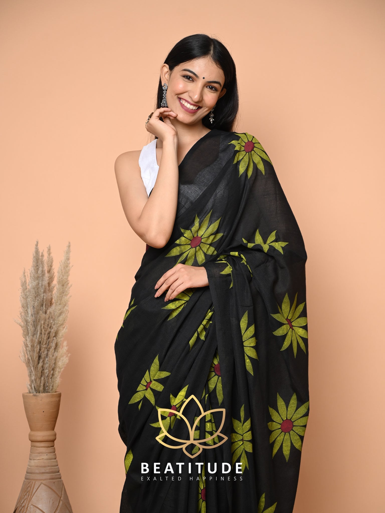 Black Cotton Hand Paint Saree