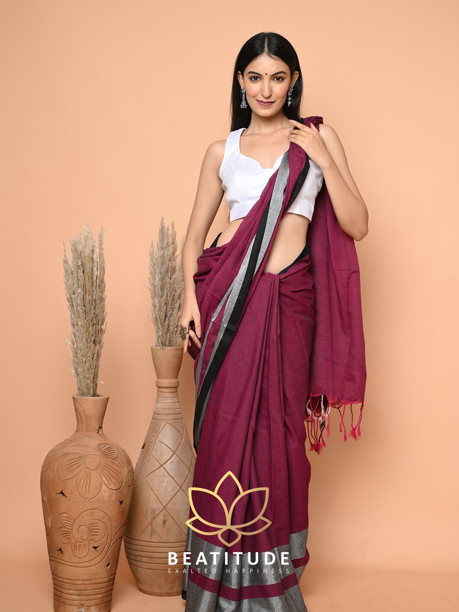 Wine Cotton Saree
