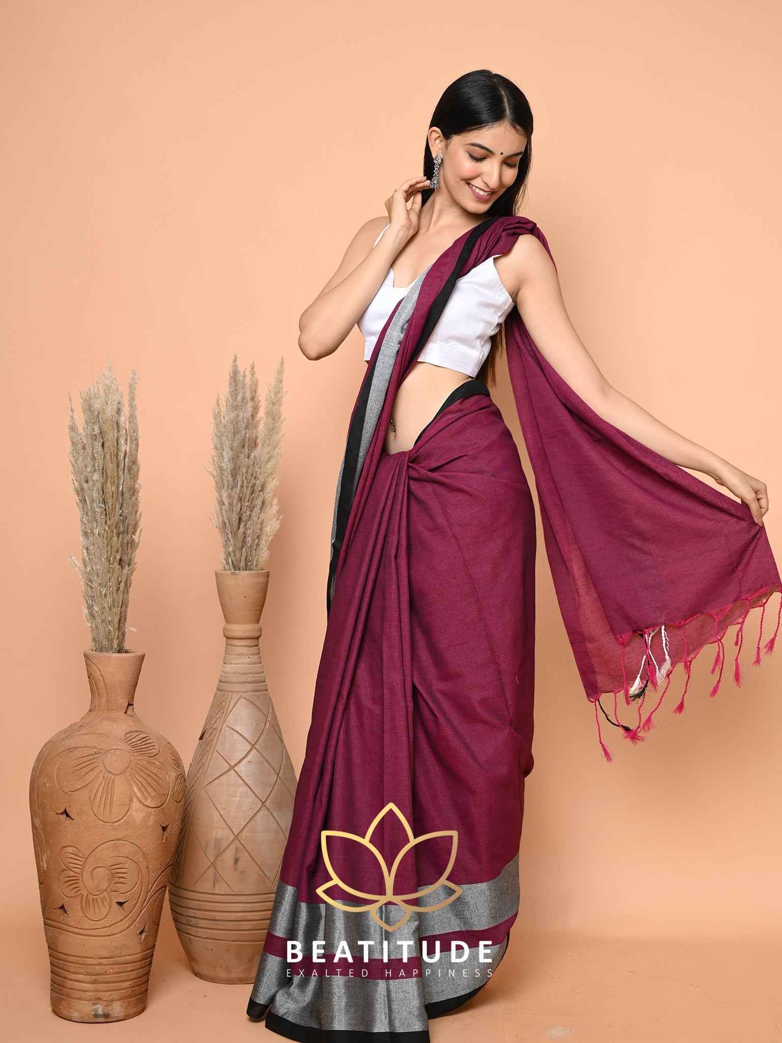 Wine Cotton Saree