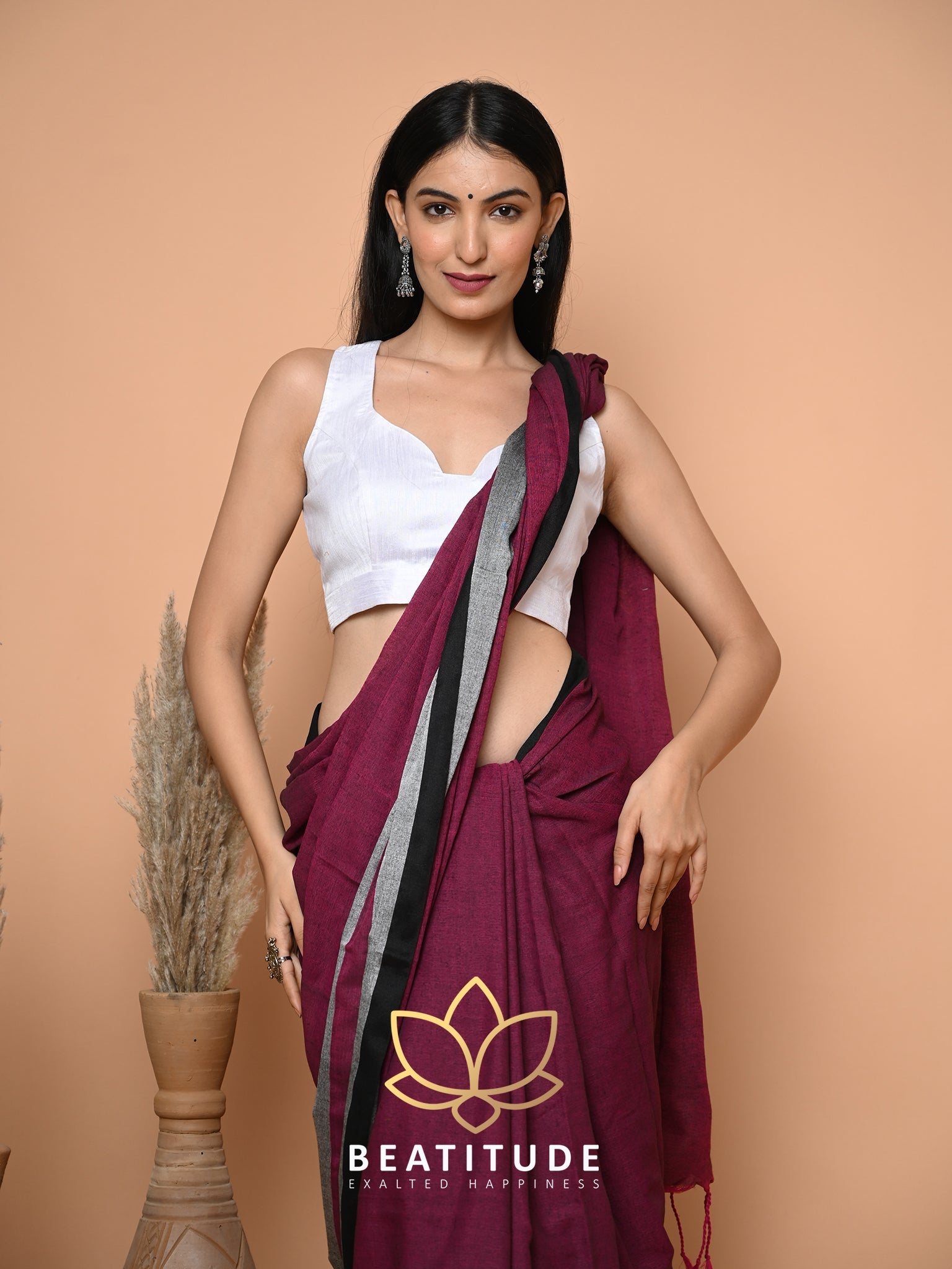 Wine Cotton Saree