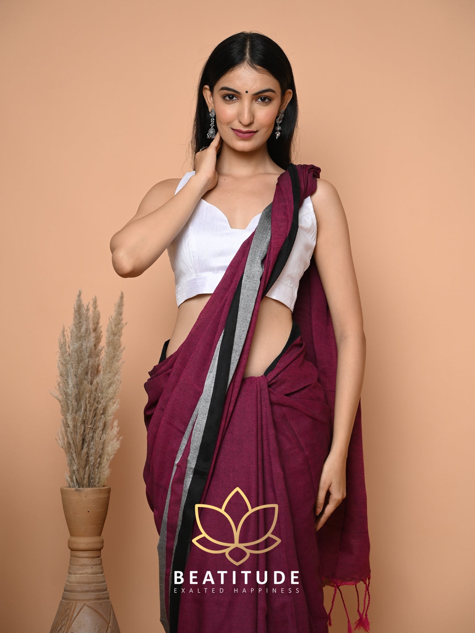 Wine Cotton Saree