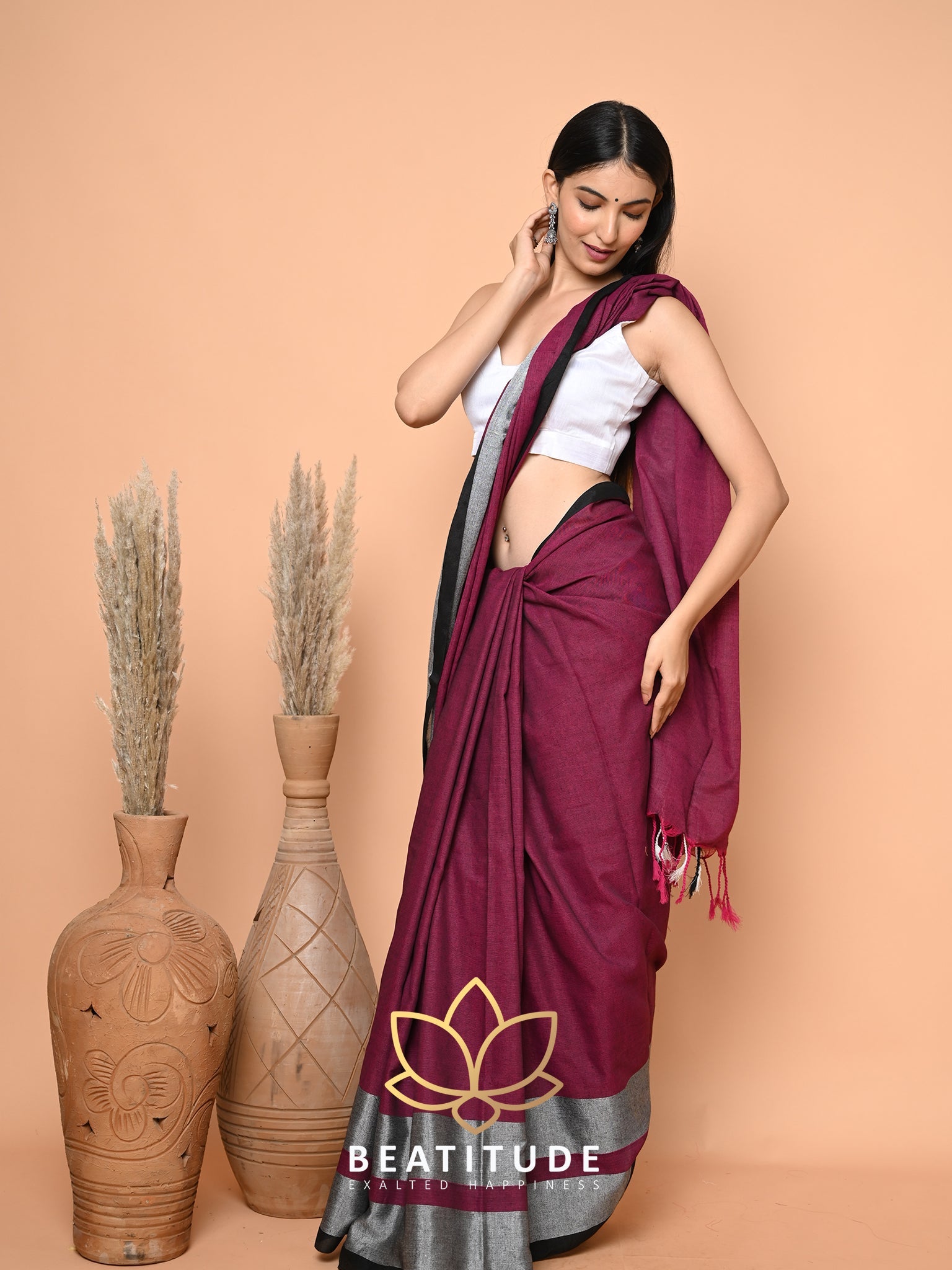 Wine Cotton Saree