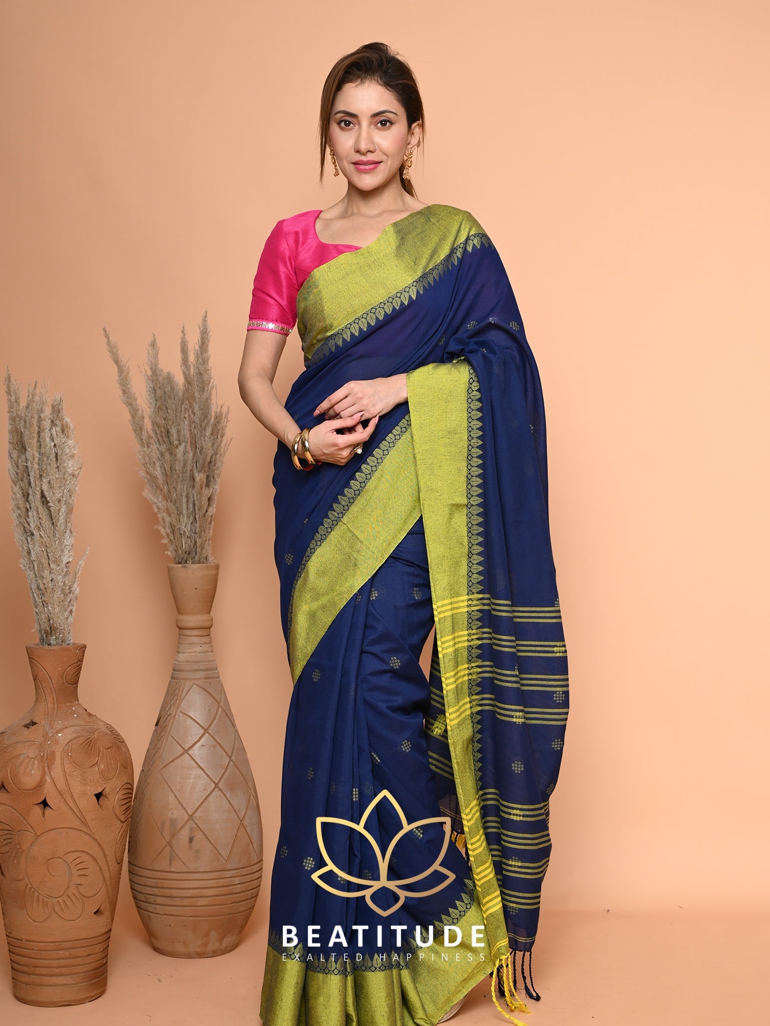 Blue Cotton Velvet Border Saree