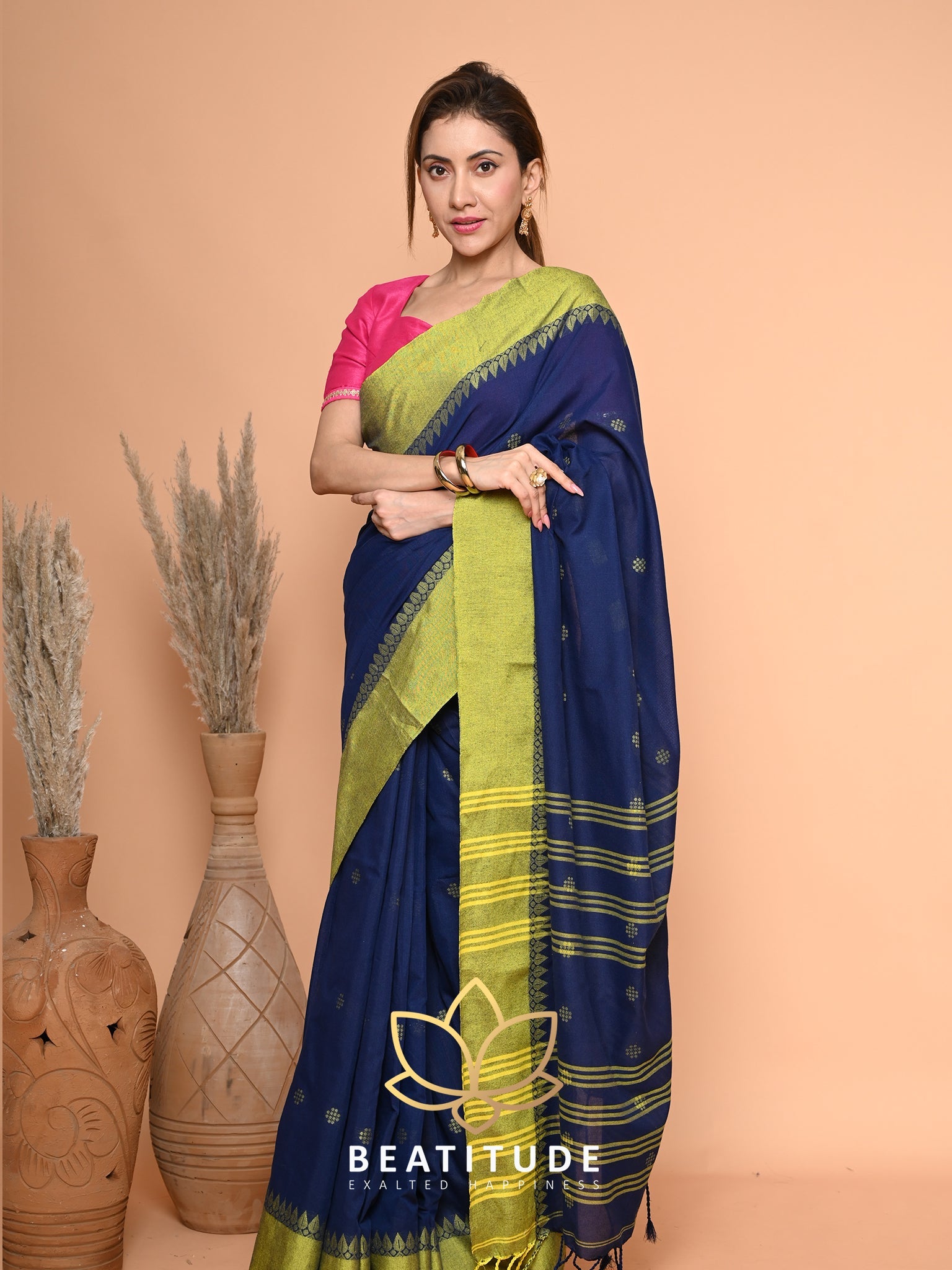 Blue Cotton Velvet Border Saree