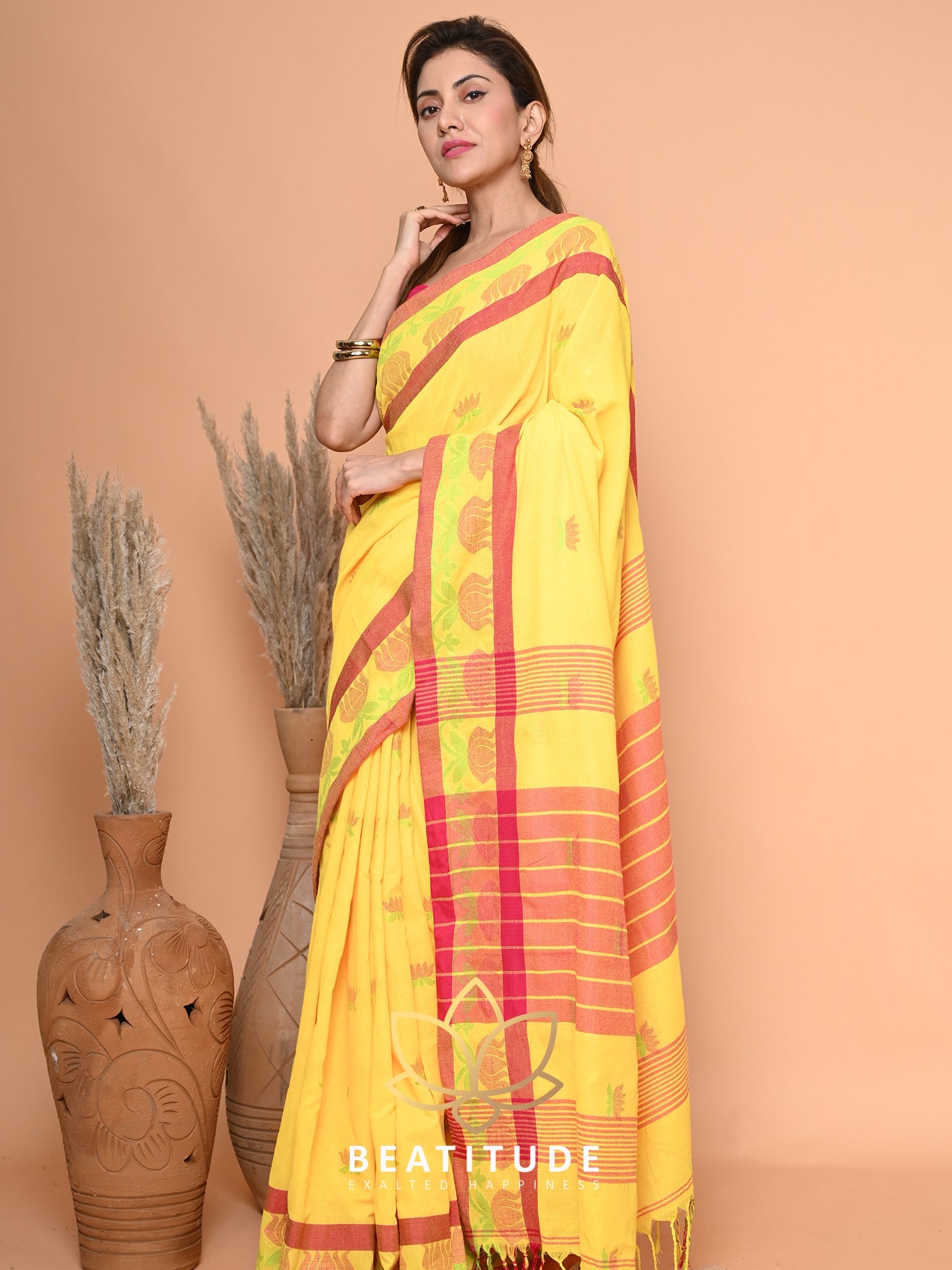 Yellow Cotton Tangail Saree
