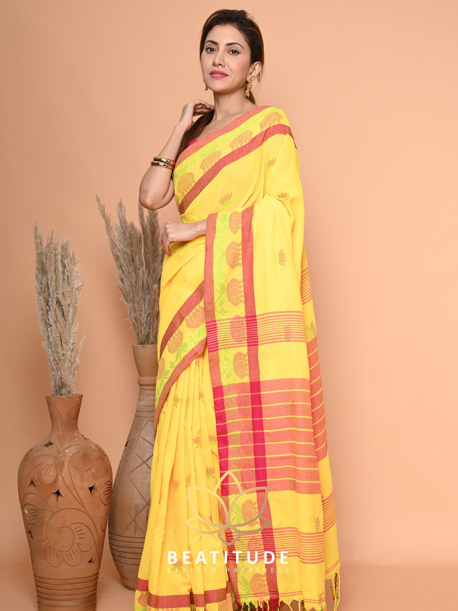 Yellow Cotton Tangail Saree
