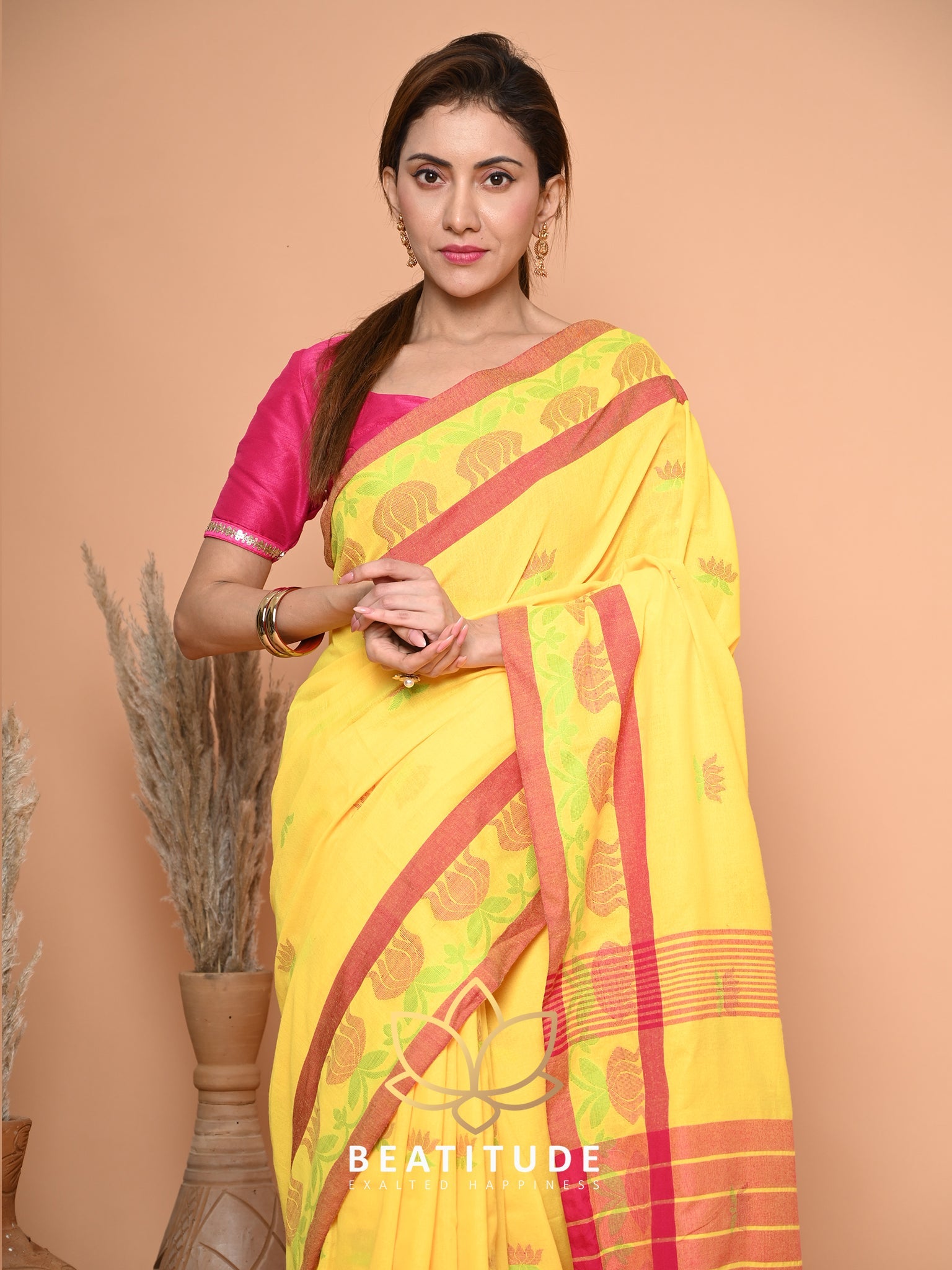 Yellow Cotton Tangail Saree
