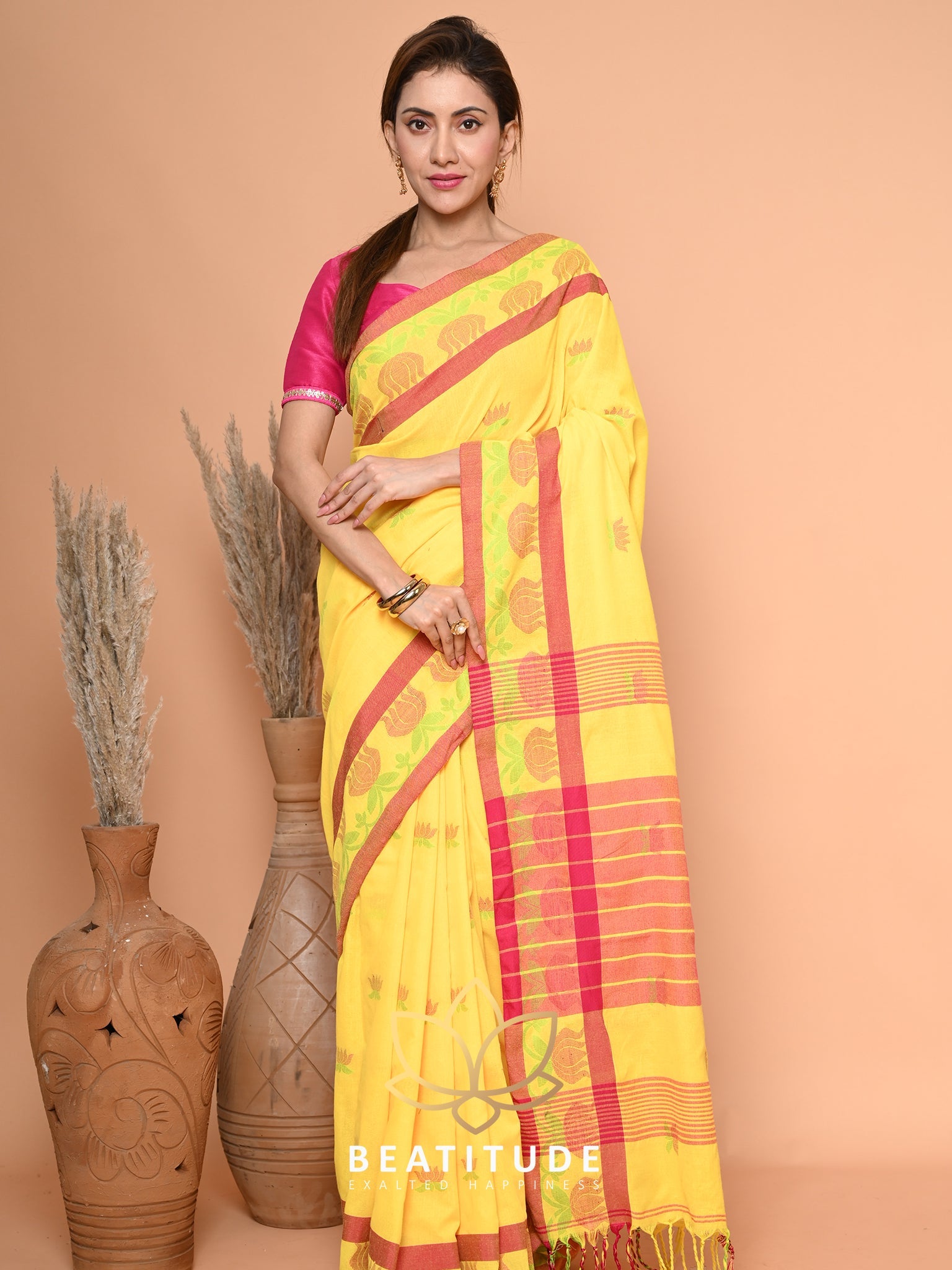Yellow Cotton Tangail Saree