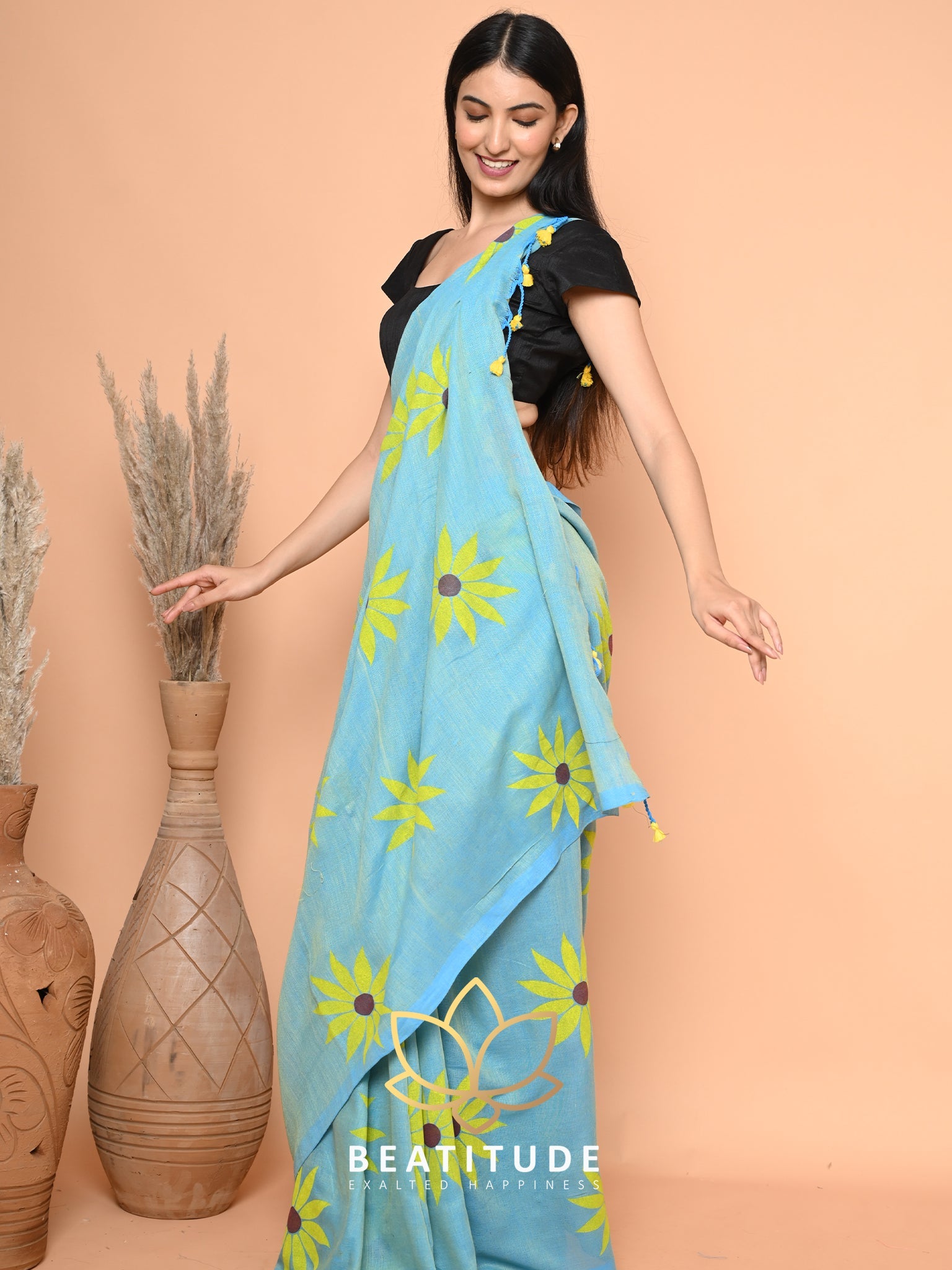 Blue Cotton Hand Paint Saree
