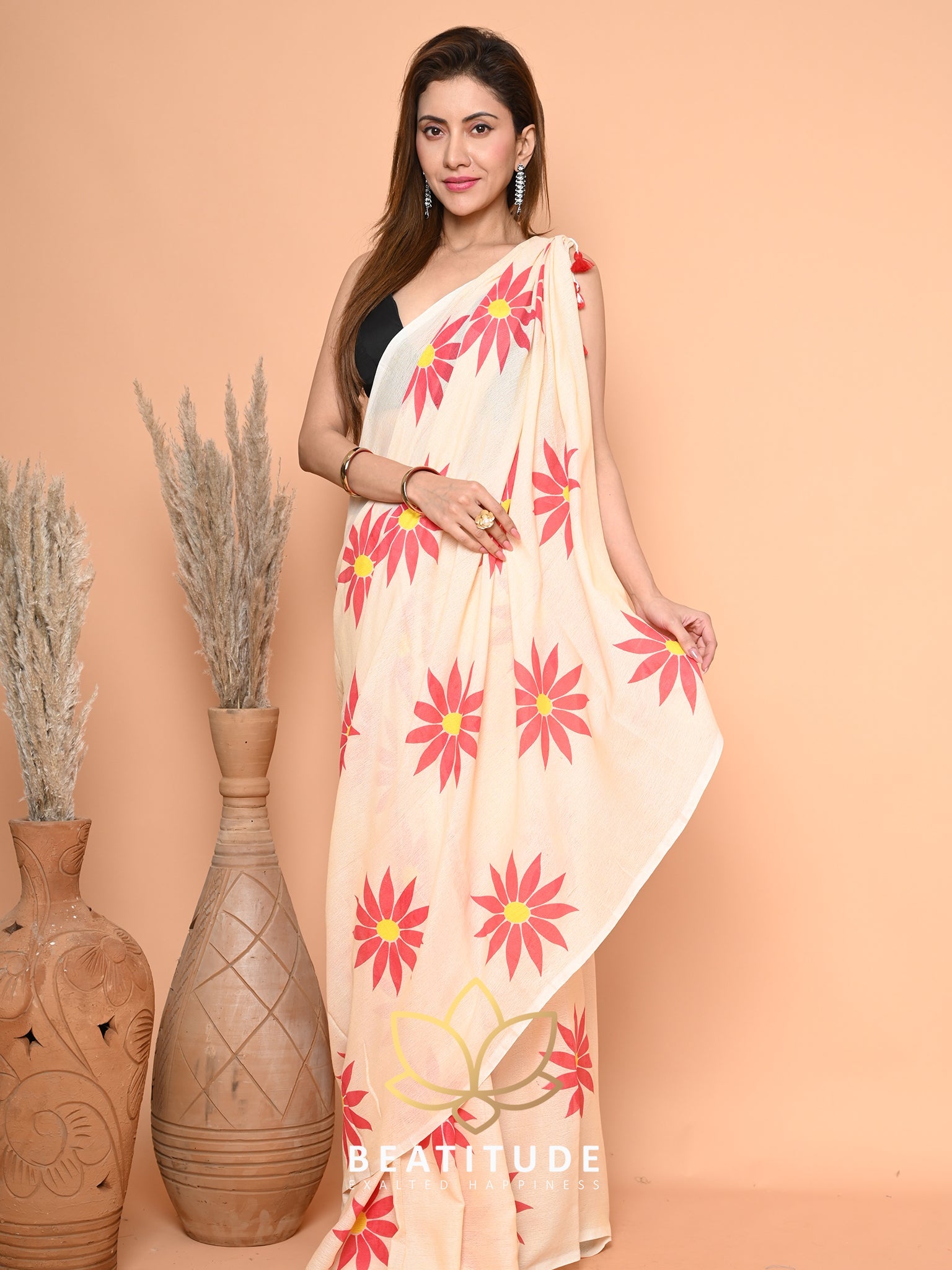 Cream Cotton Hand Paint Saree