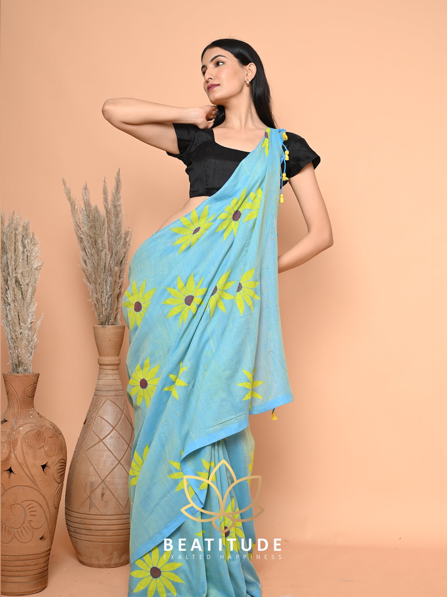 Blue Cotton Hand Paint Saree
