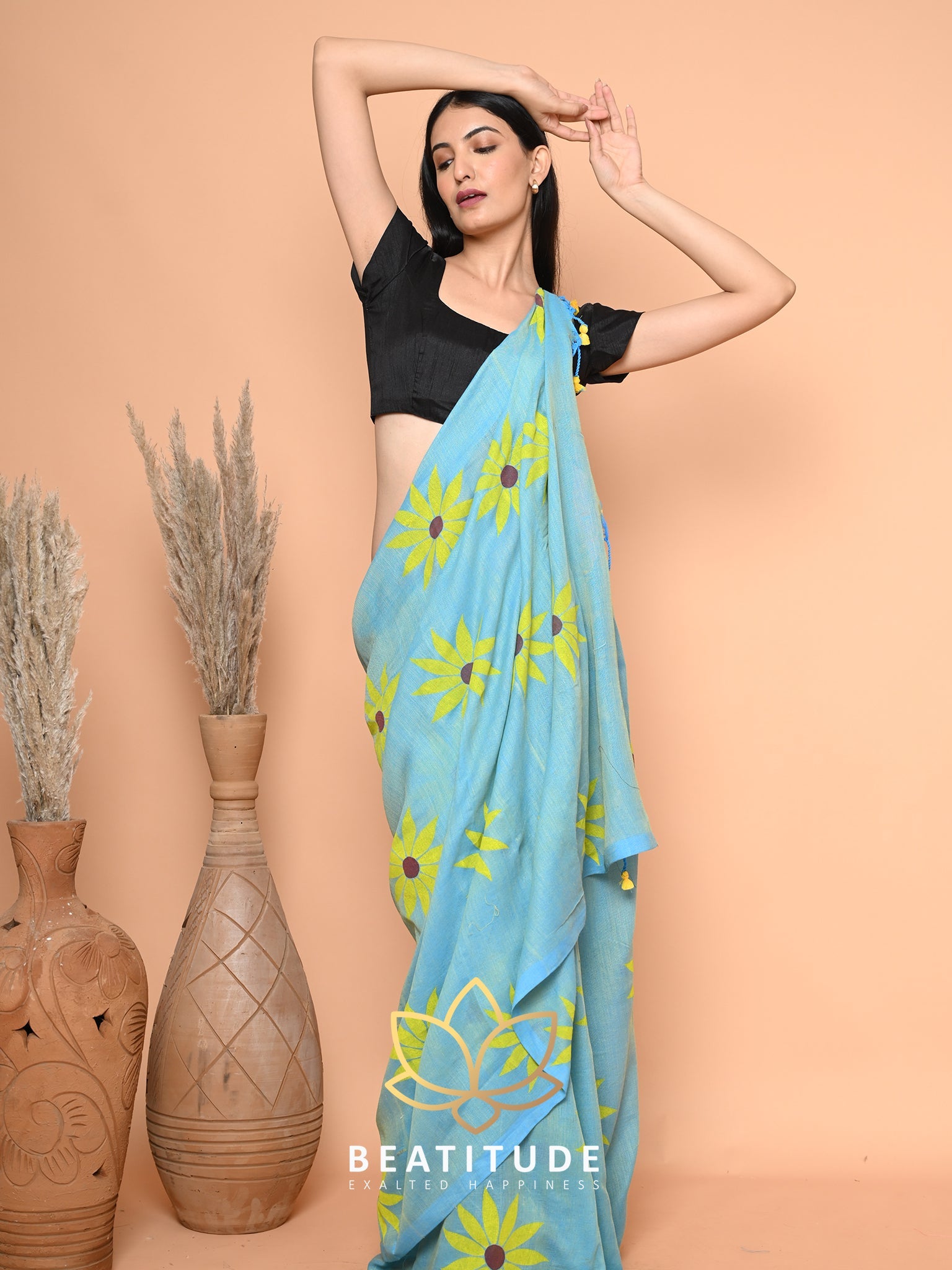 Blue Cotton Hand Paint Saree