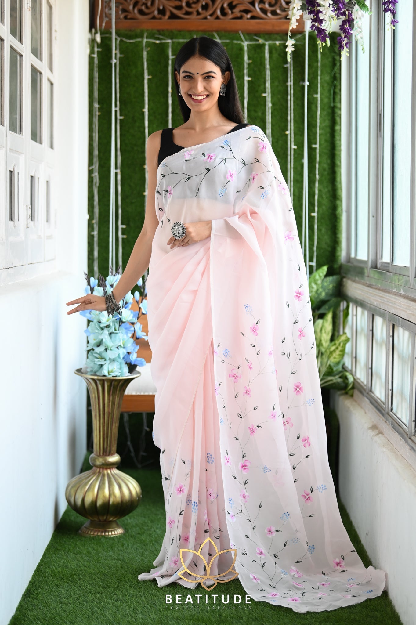 Baby Pink Viscose Handpainted Saree