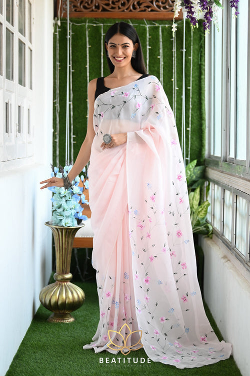 Baby Pink Viscose Handpainted Saree