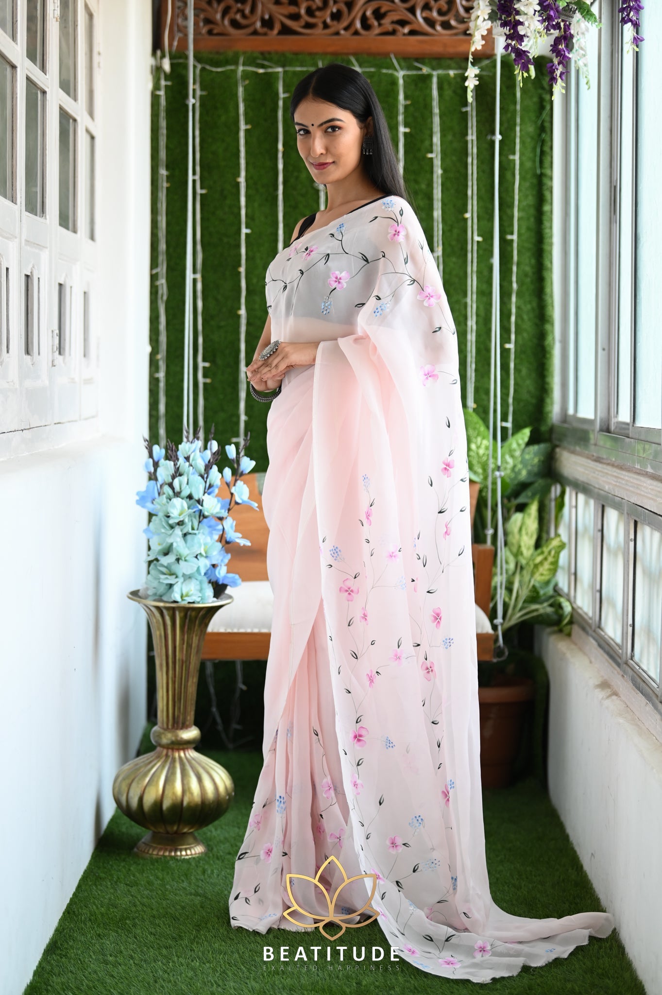 Baby Pink Viscose Handpainted Saree