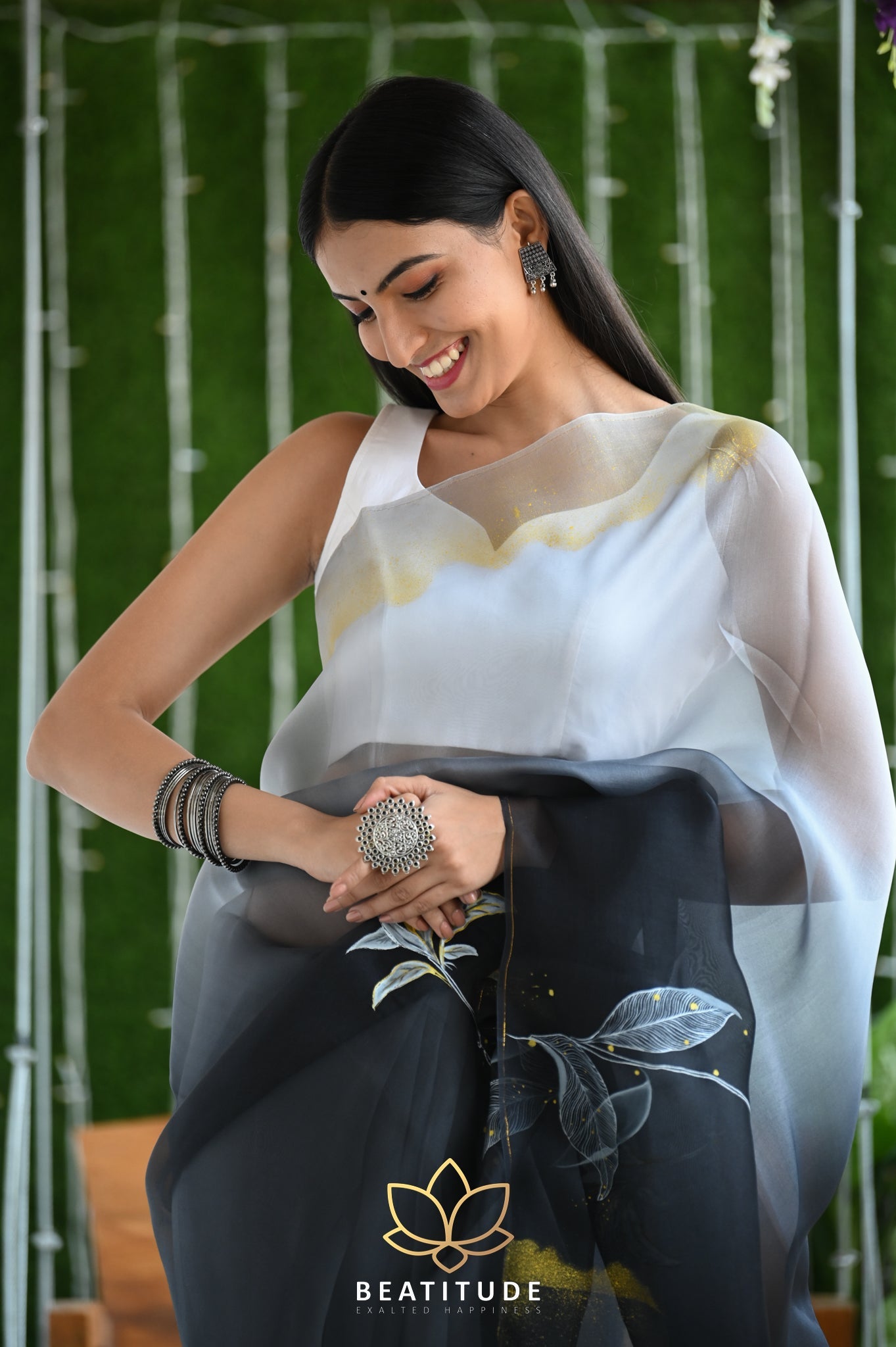 Black & Grey Pure Organza Handpainted Saree