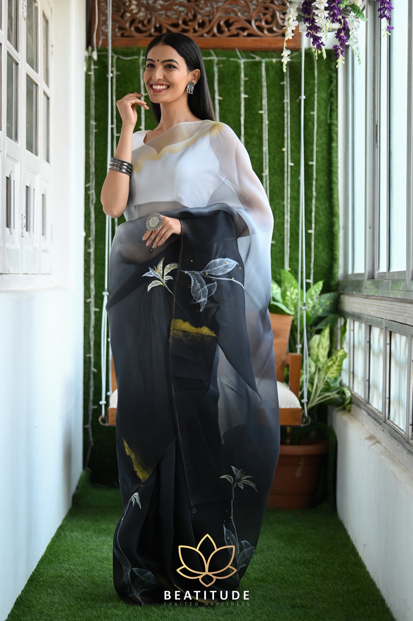 Black & Grey Pure Organza Handpainted Saree