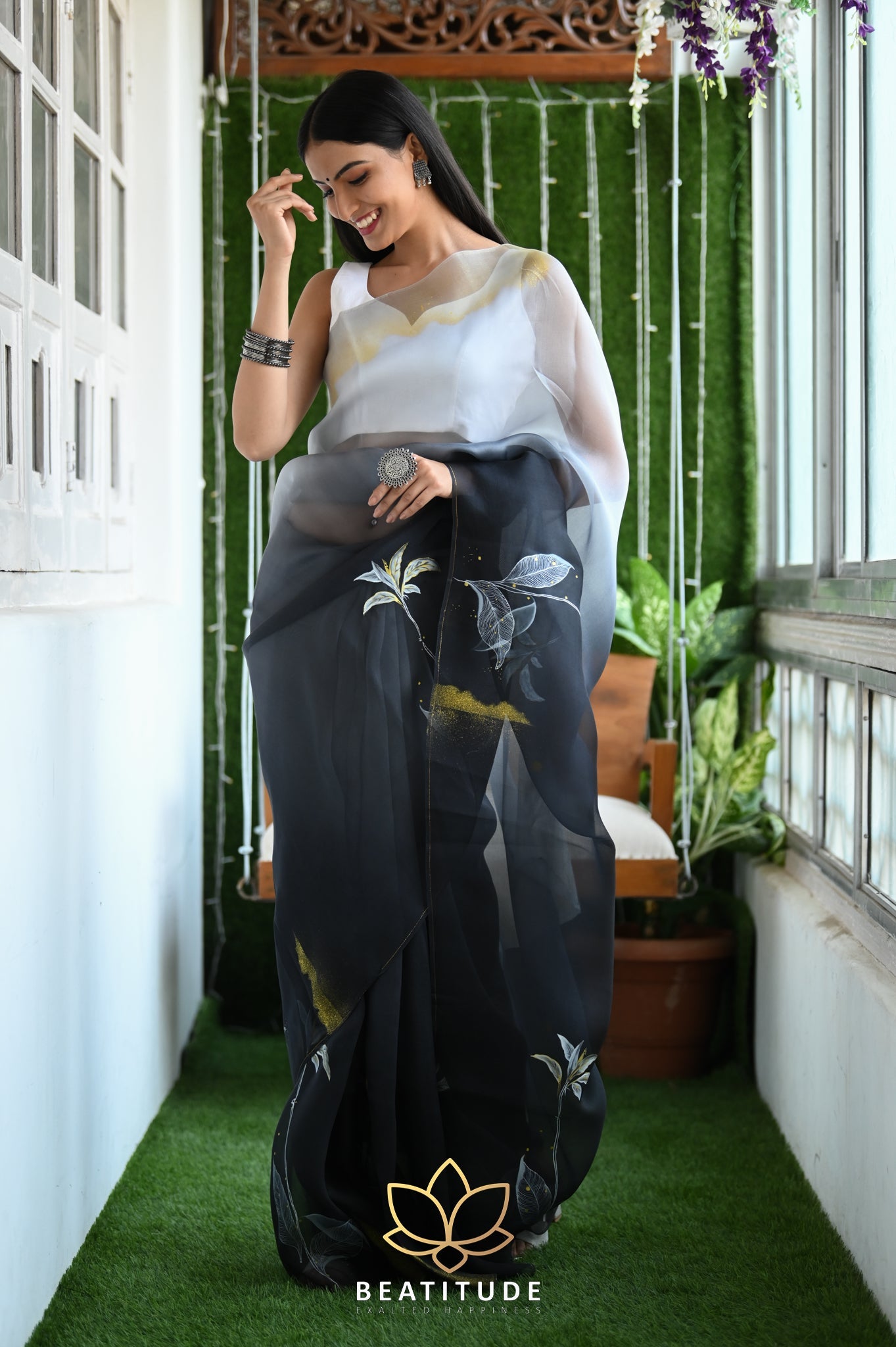 Black & Grey Pure Organza Handpainted Saree