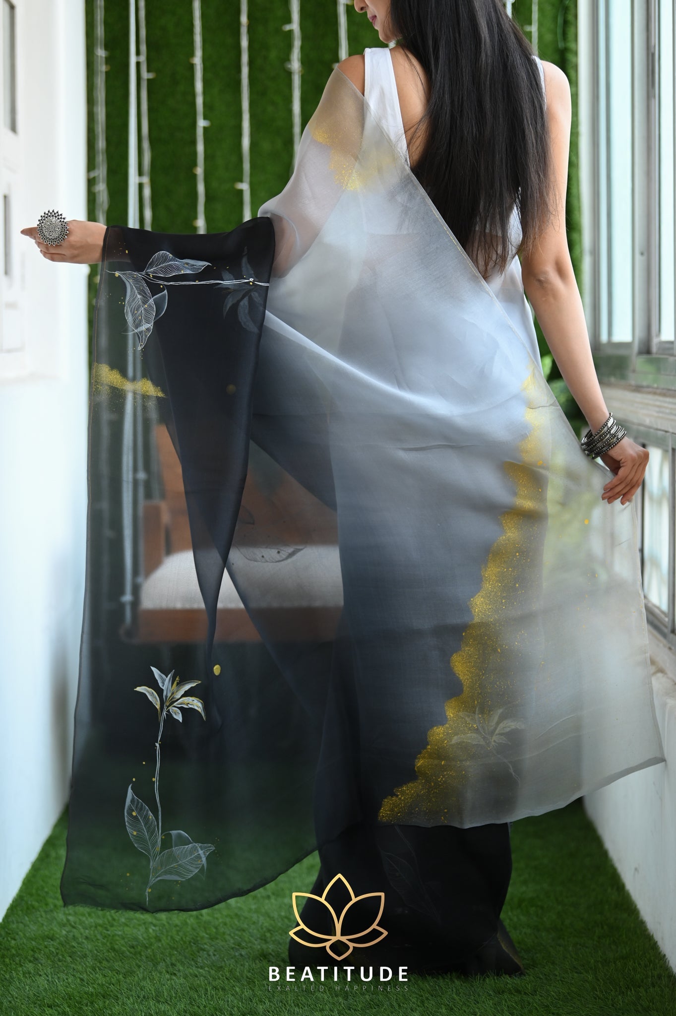 Black & Grey Pure Organza Handpainted Saree