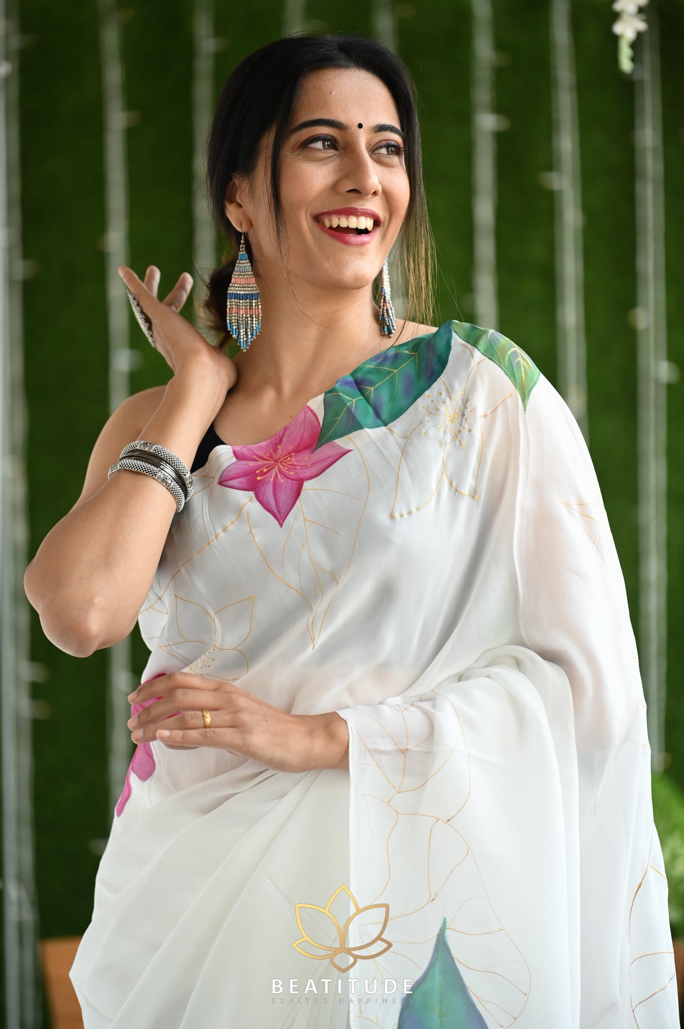 White Viscose Handpainted Saree