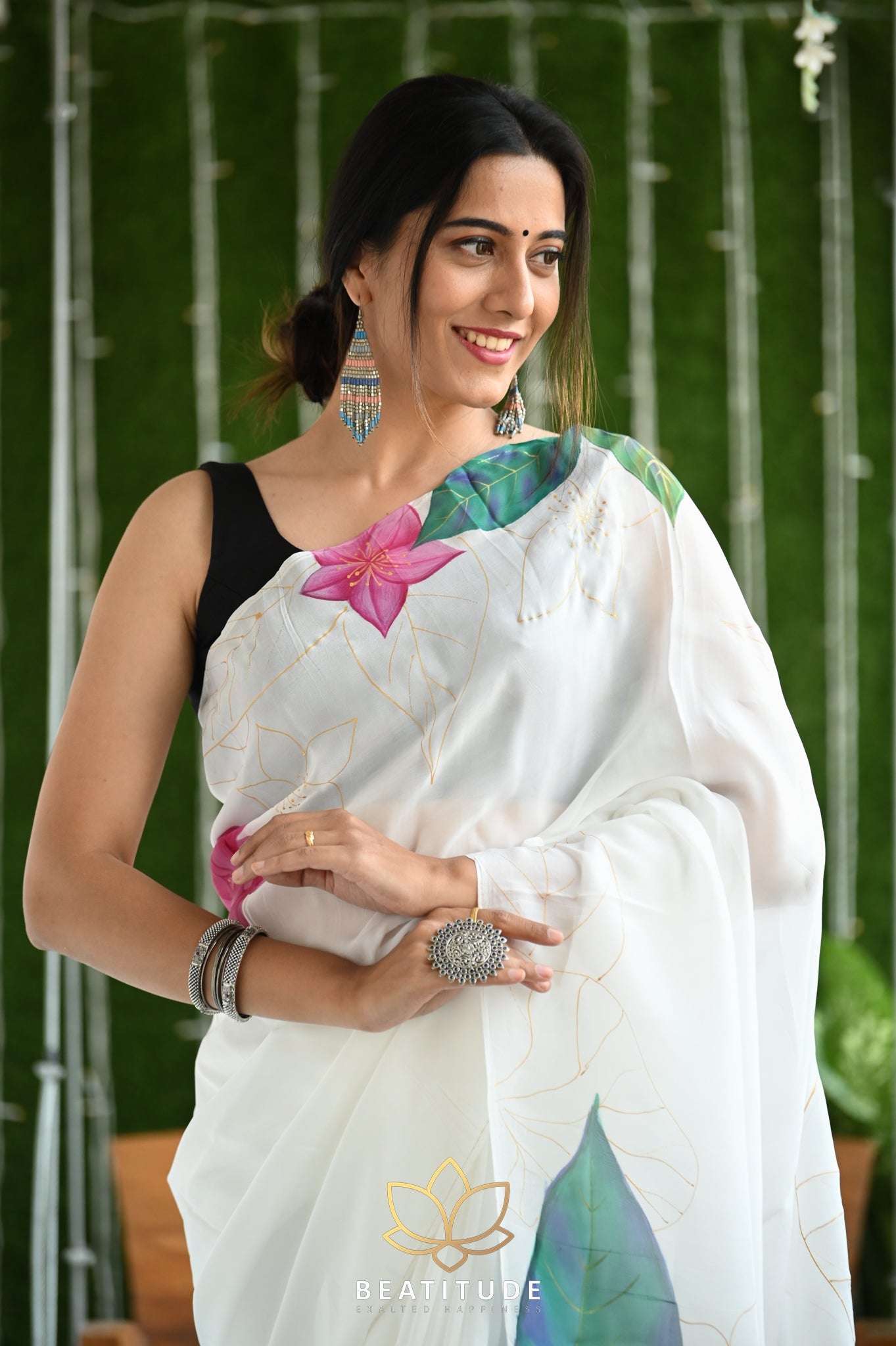 White Viscose Handpainted Saree