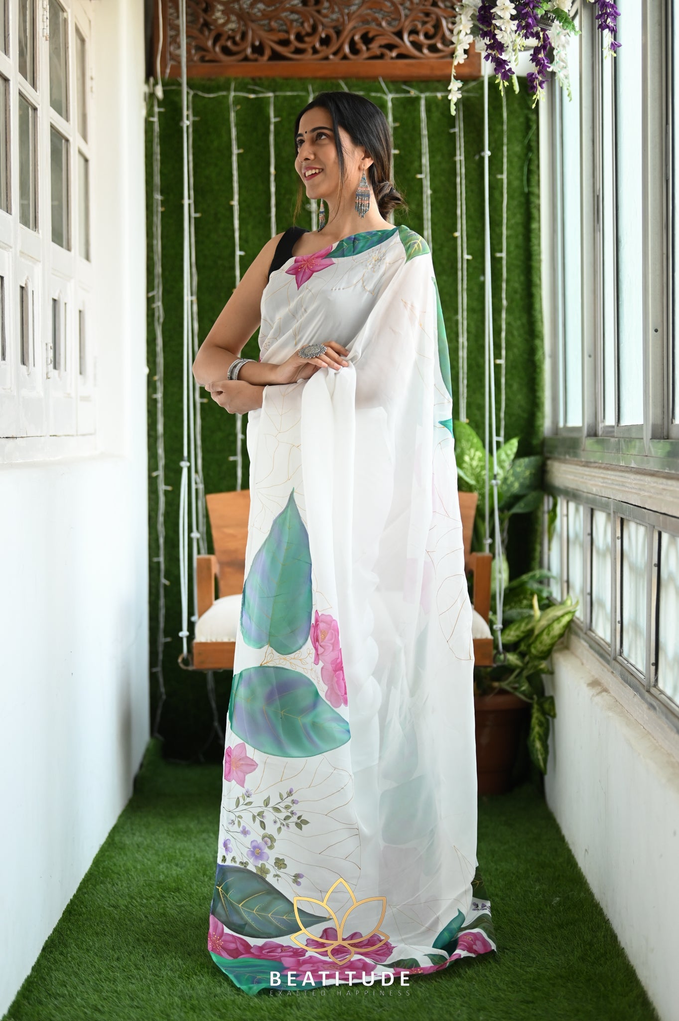 White Viscose Handpainted Saree