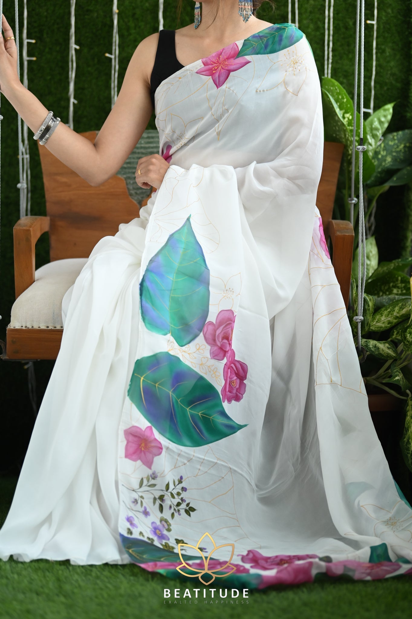White Viscose Handpainted Saree