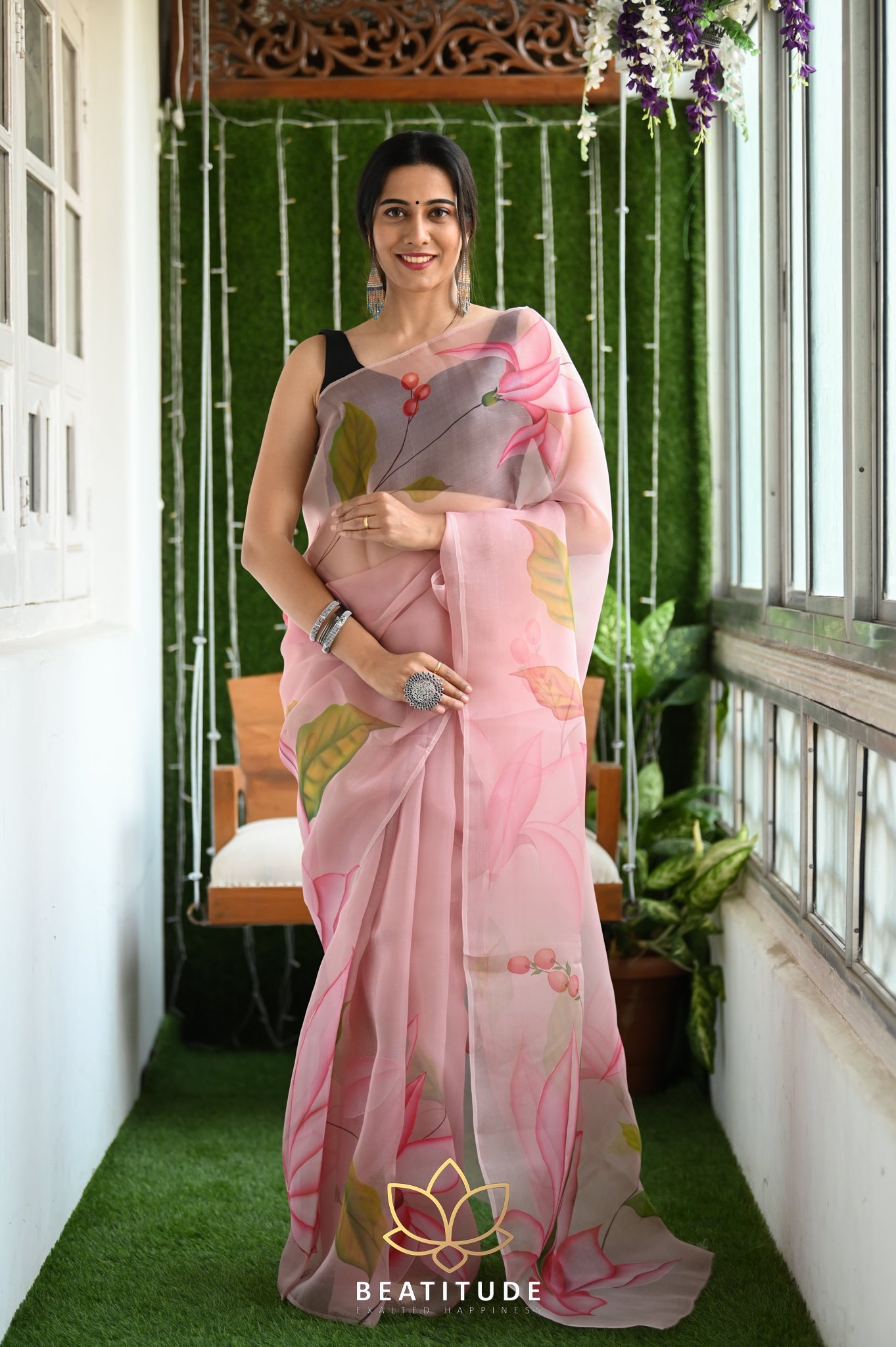 Pastel Brown Pure Organza Handpainted Saree