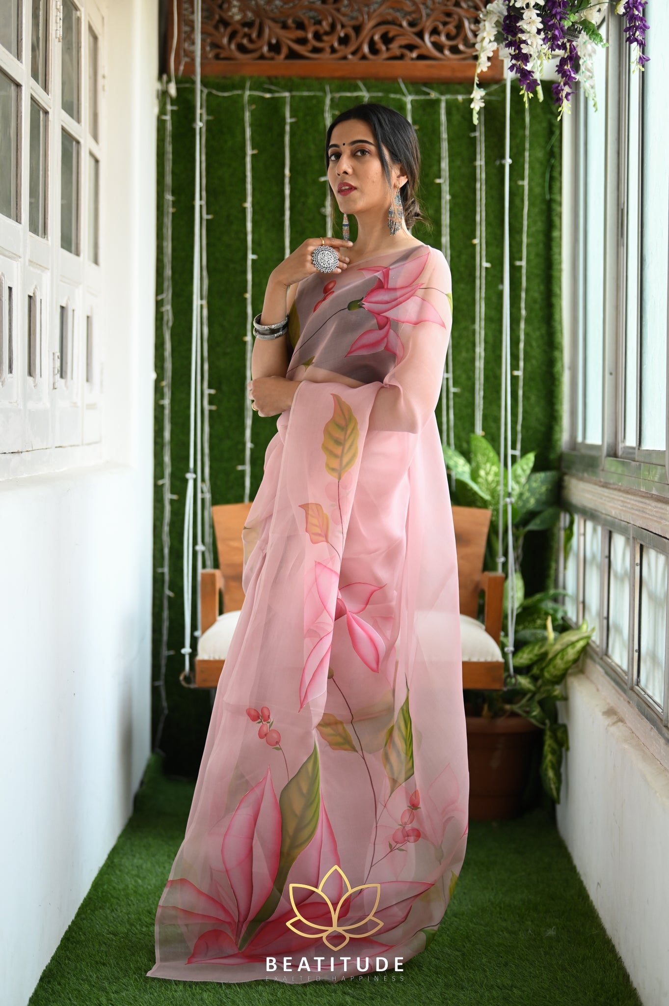Pastel Brown Pure Organza Handpainted Saree