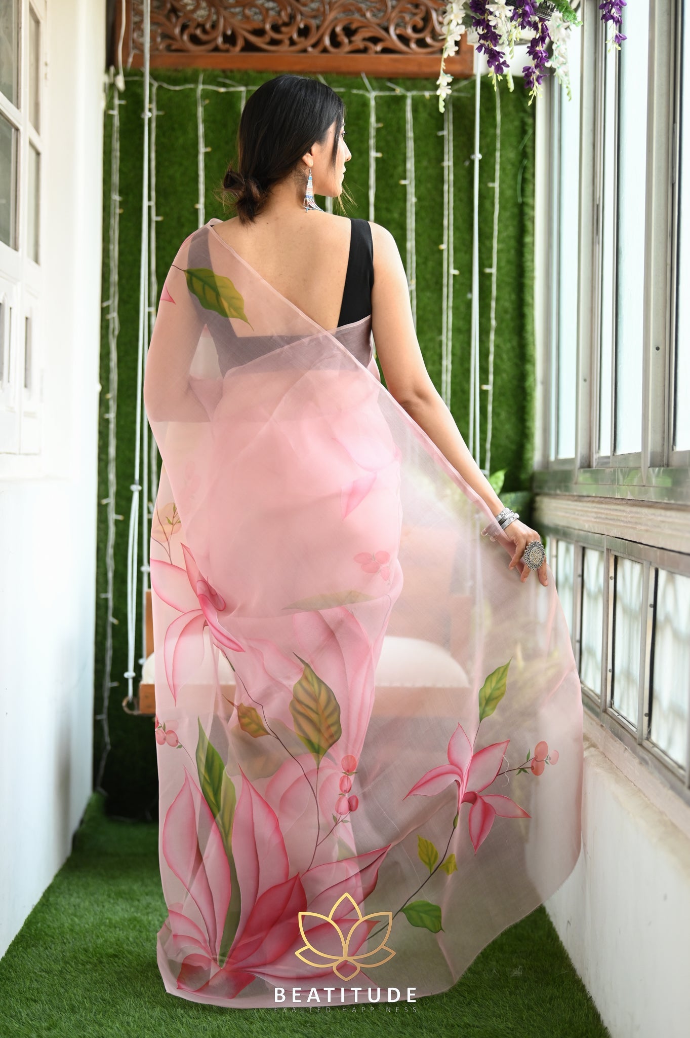 Pastel Brown Pure Organza Handpainted Saree