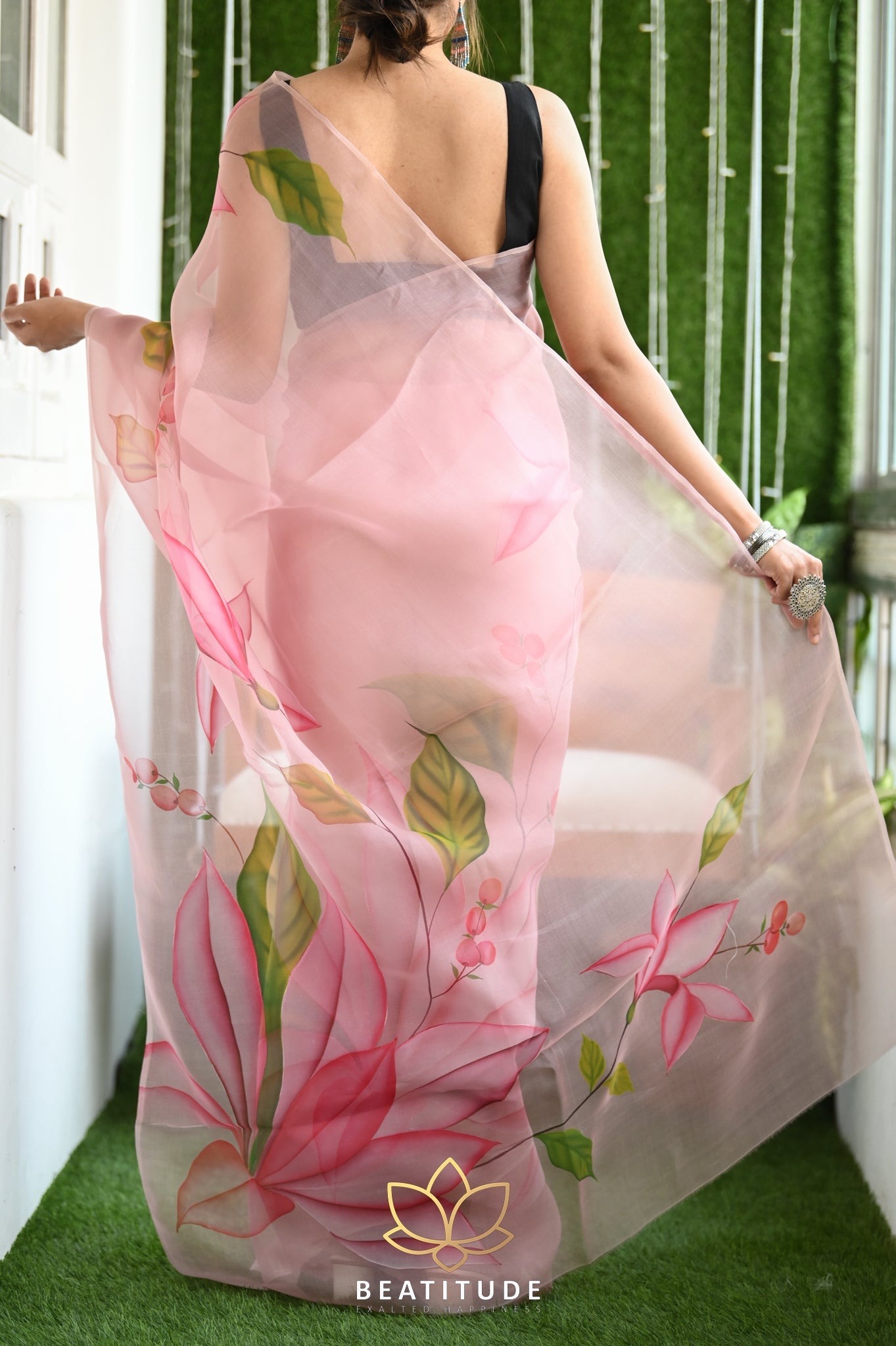 Pastel Brown Pure Organza Handpainted Saree