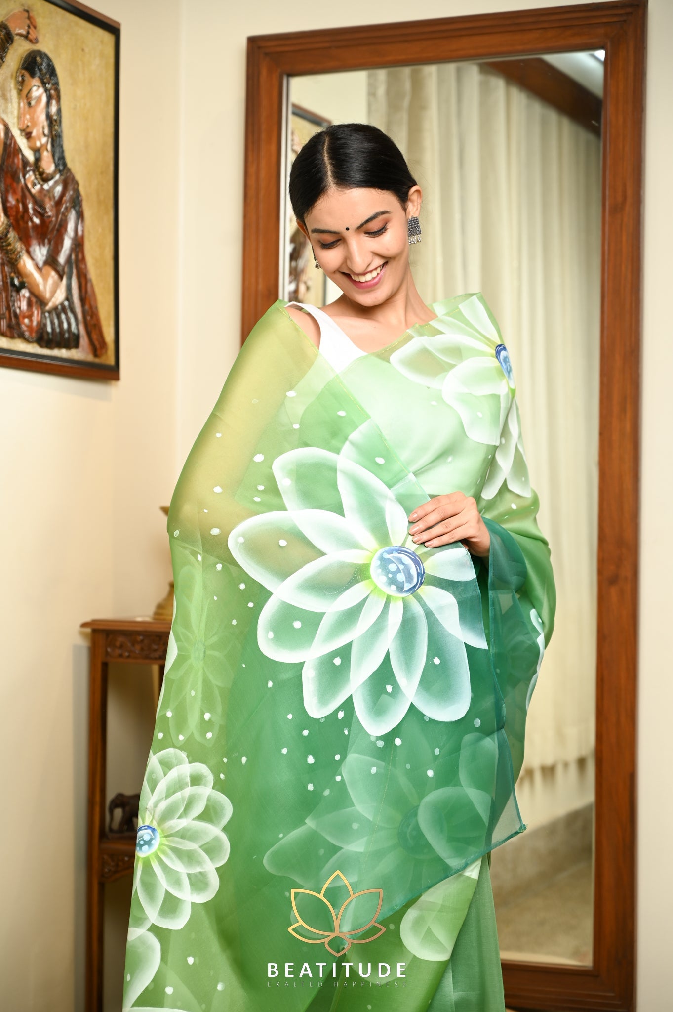 Green Pure Organza Handpainted Saree