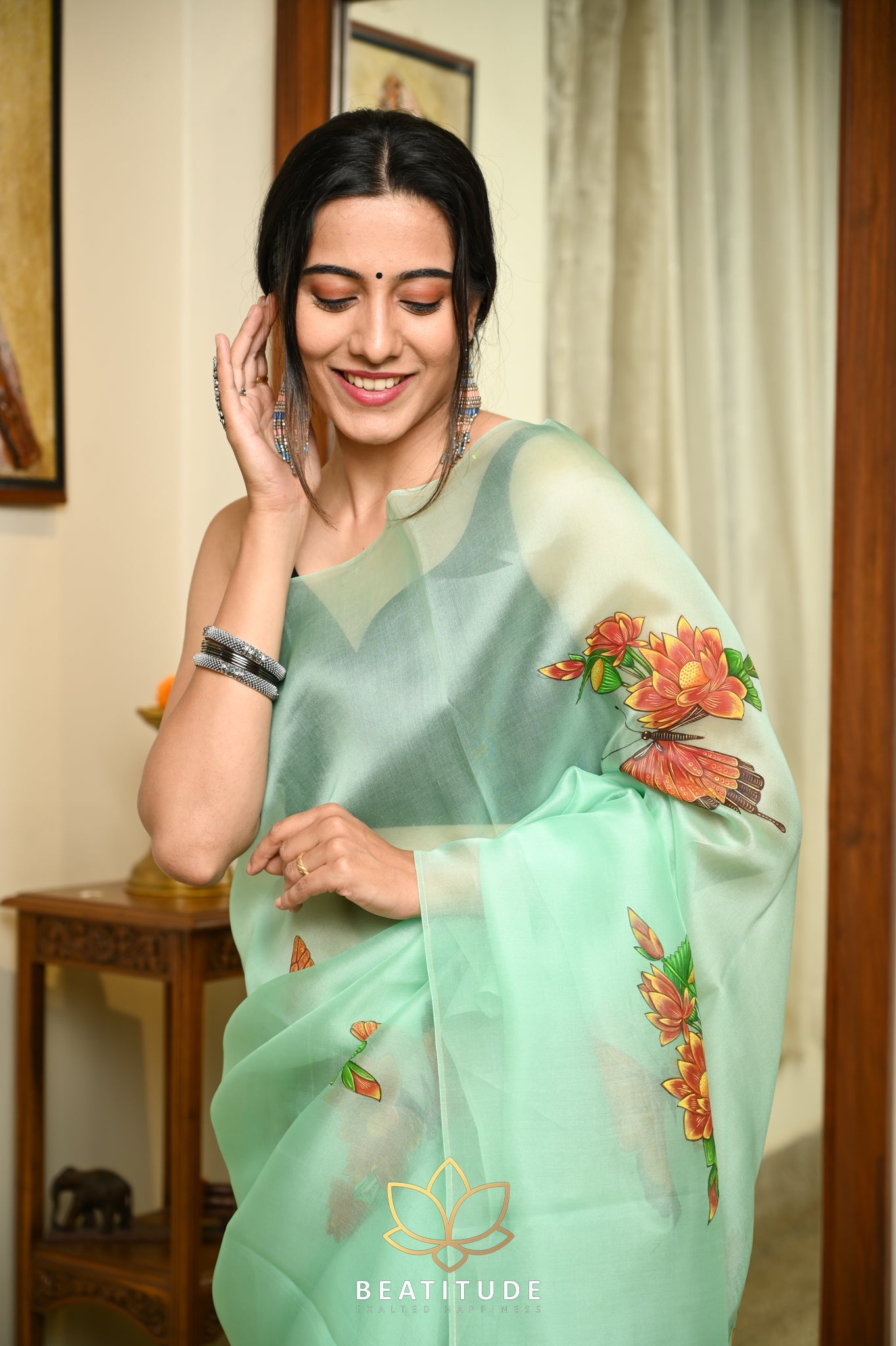 Sea Green  Pure Organza Handpainted Saree