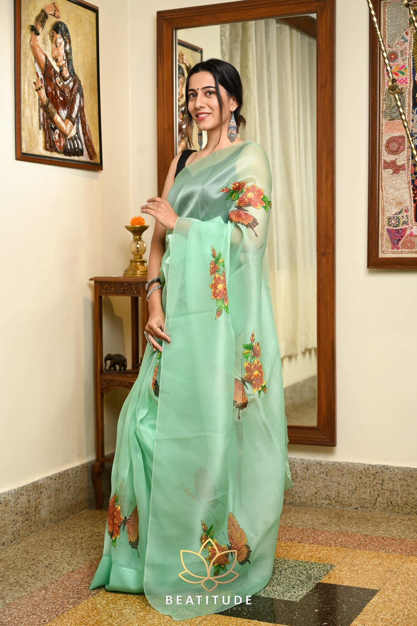Sea Green  Pure Organza Handpainted Saree