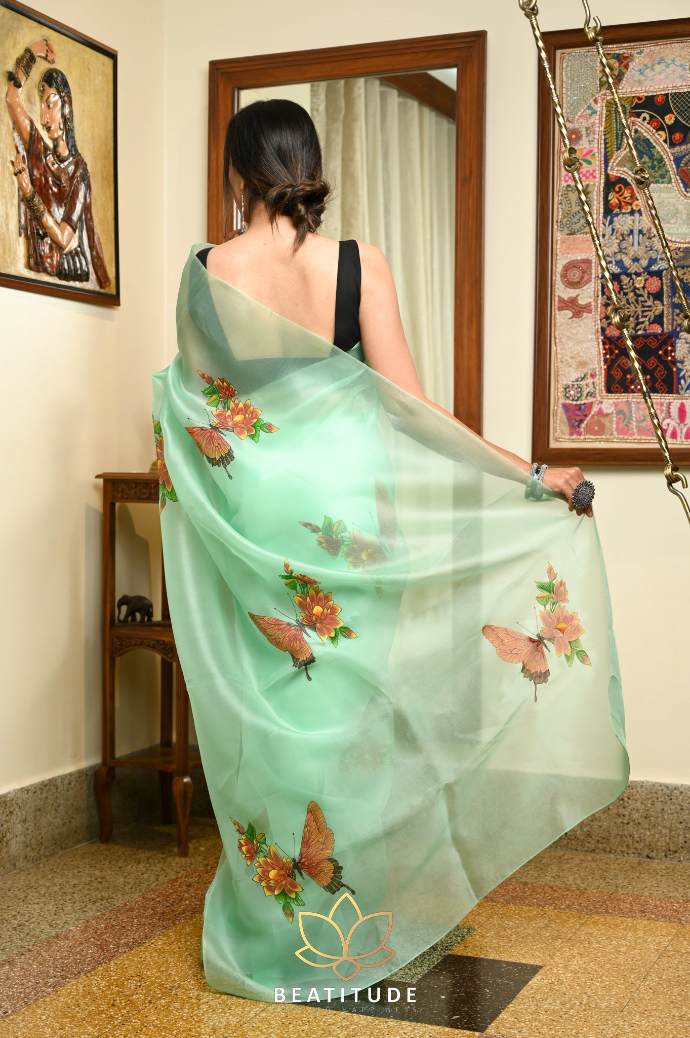 Sea Green  Pure Organza Handpainted Saree
