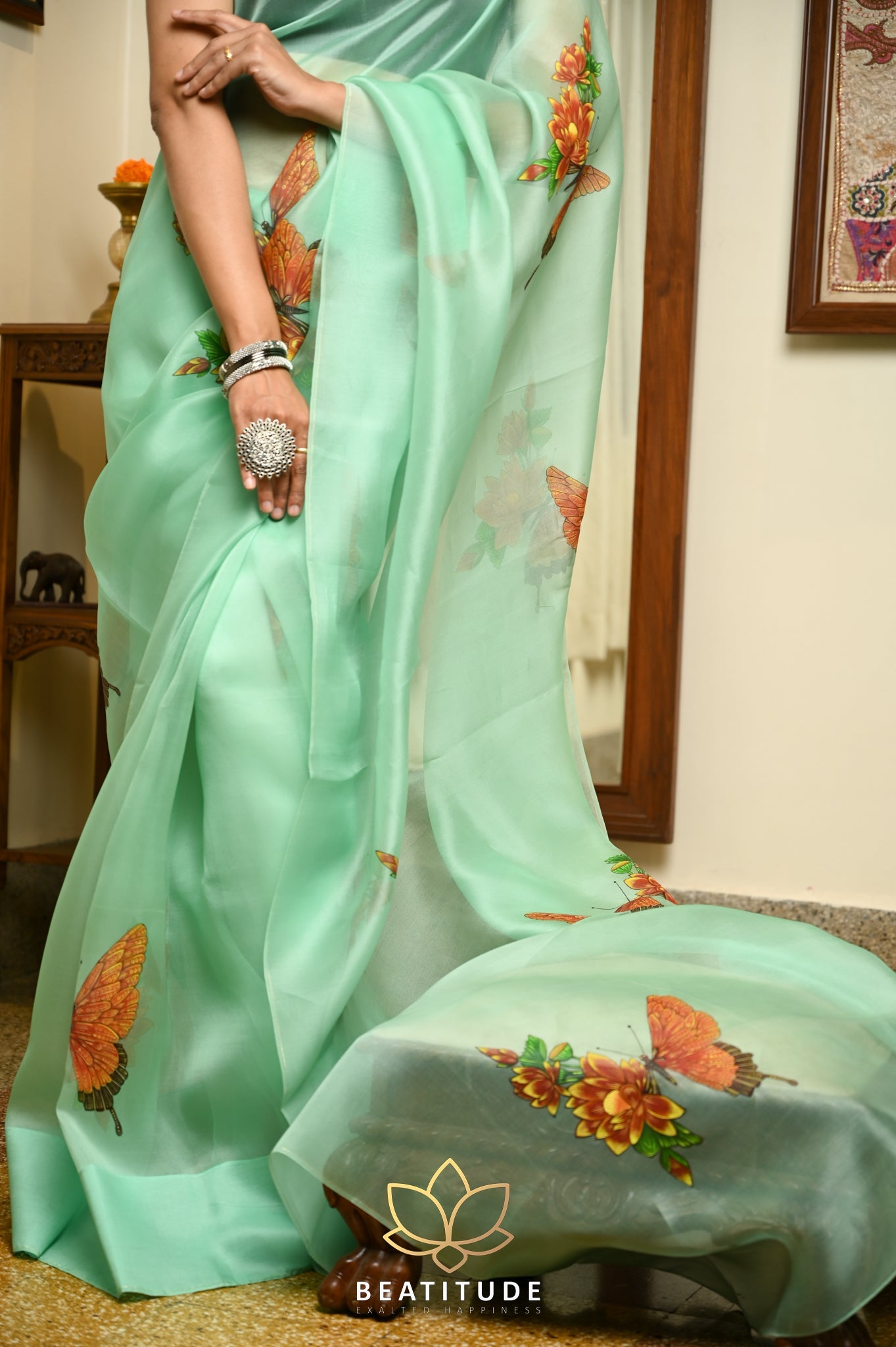 Sea Green  Pure Organza Handpainted Saree