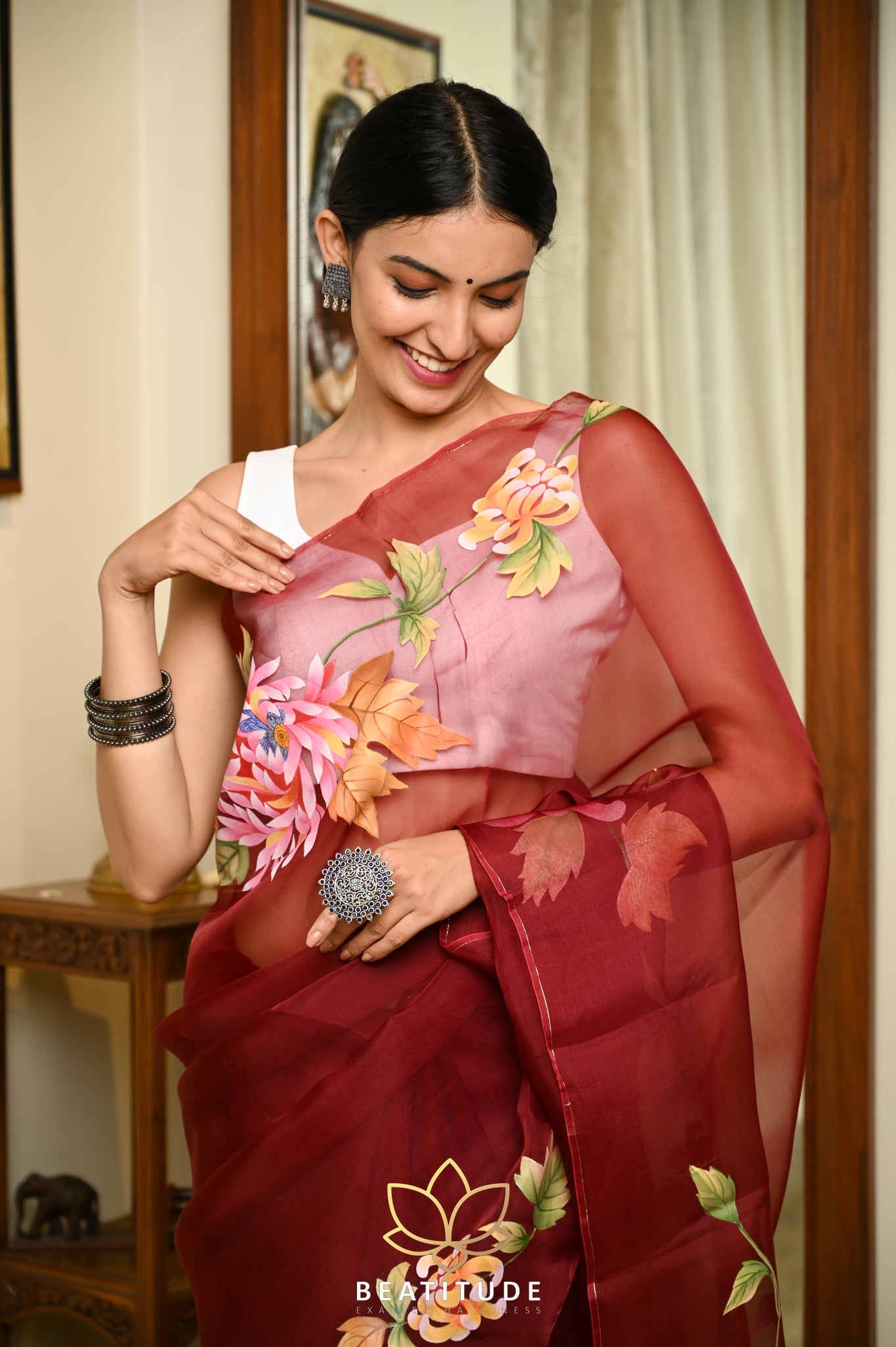 Maroon Pure Organza Handpainted Saree