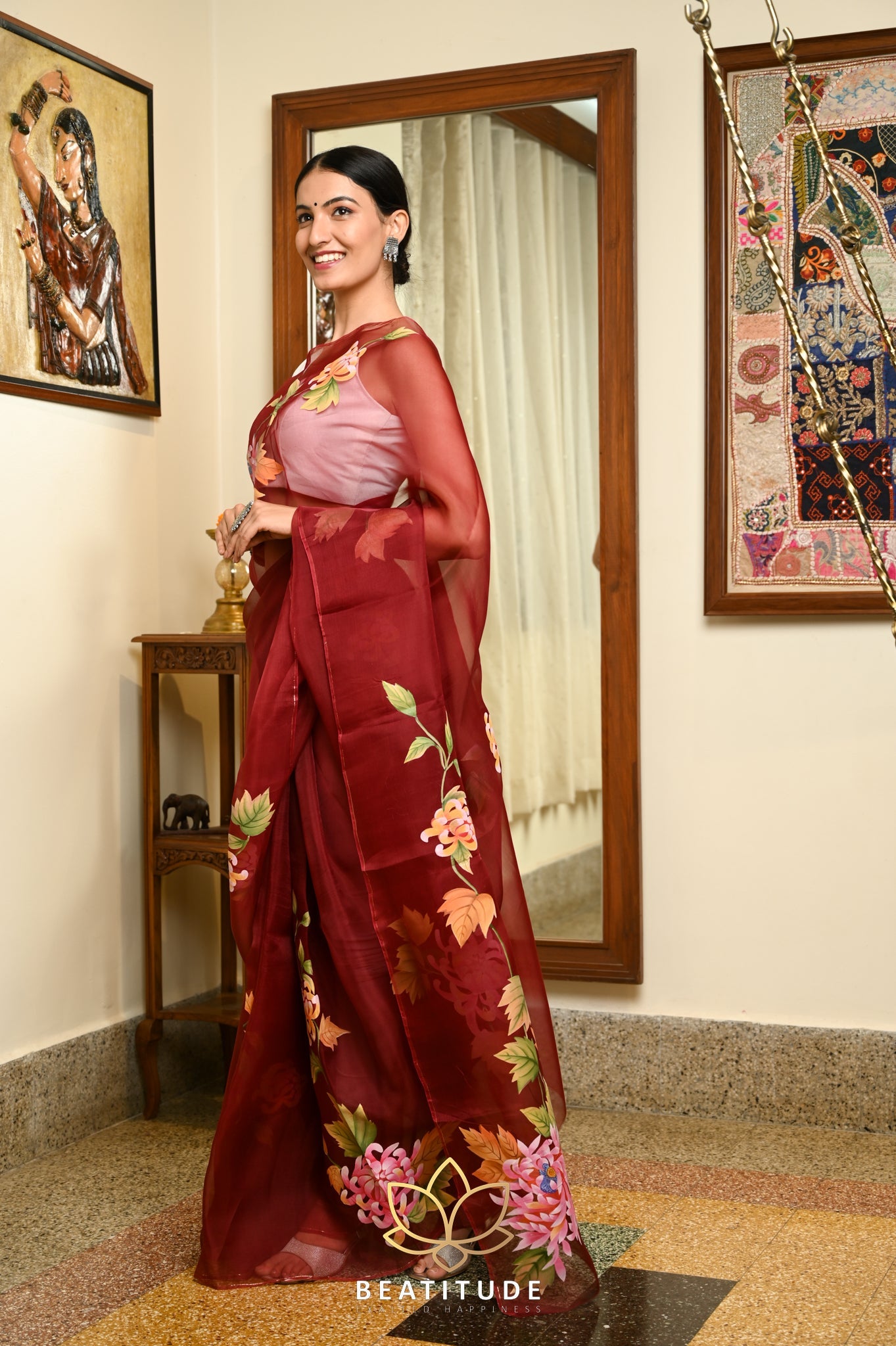 Maroon Pure Organza Handpainted Saree