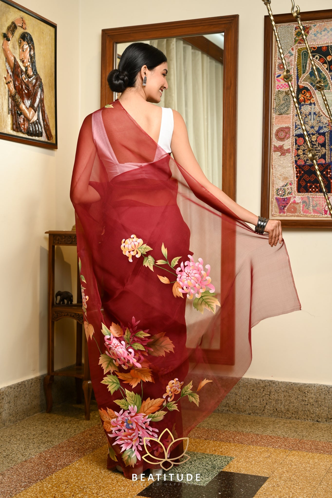 Maroon Pure Organza Handpainted Saree