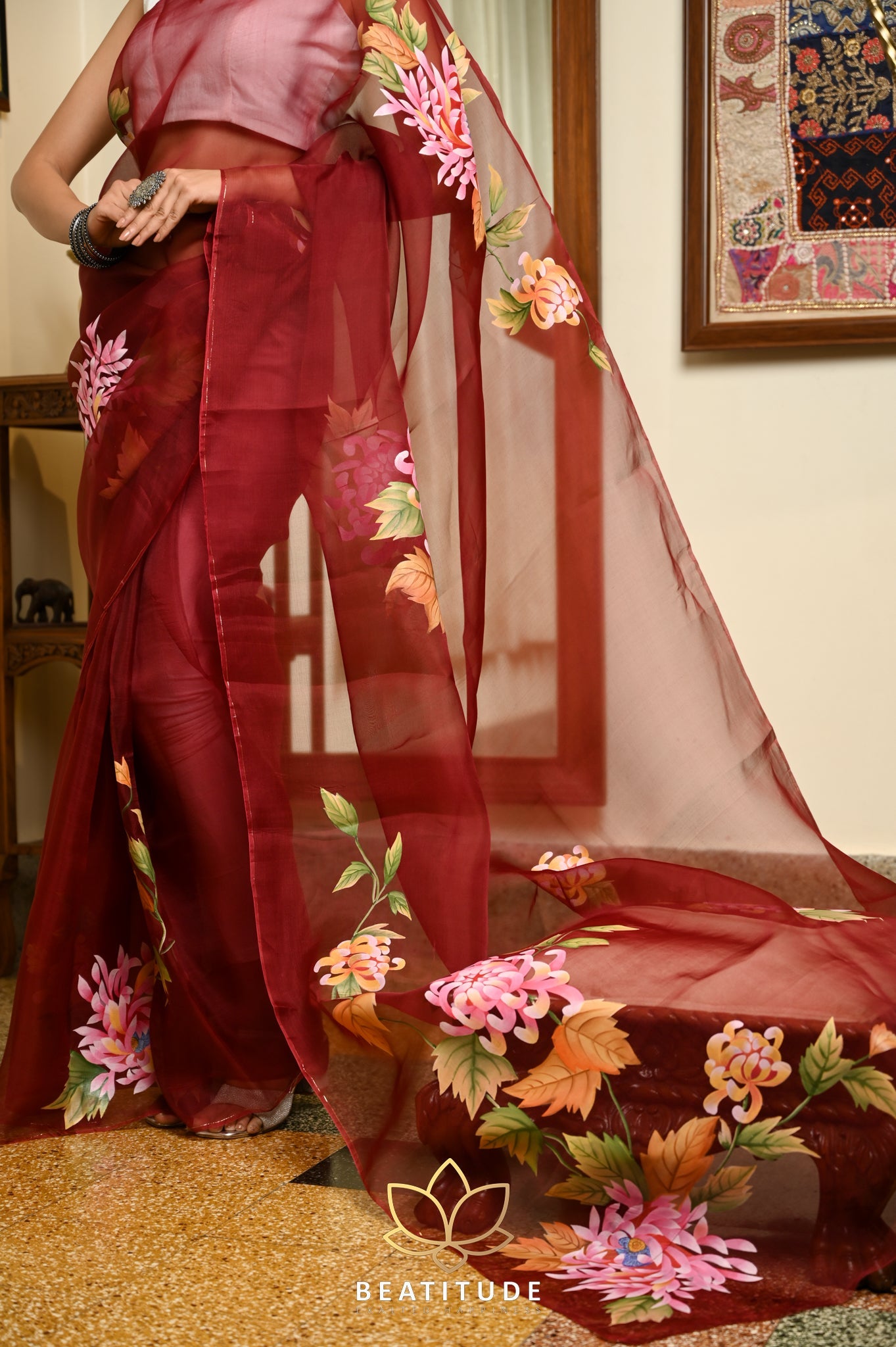 Maroon Pure Organza Handpainted Saree
