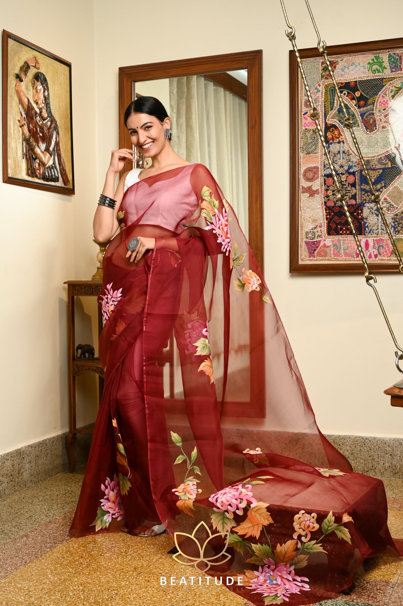 Maroon Pure Organza Handpainted Saree