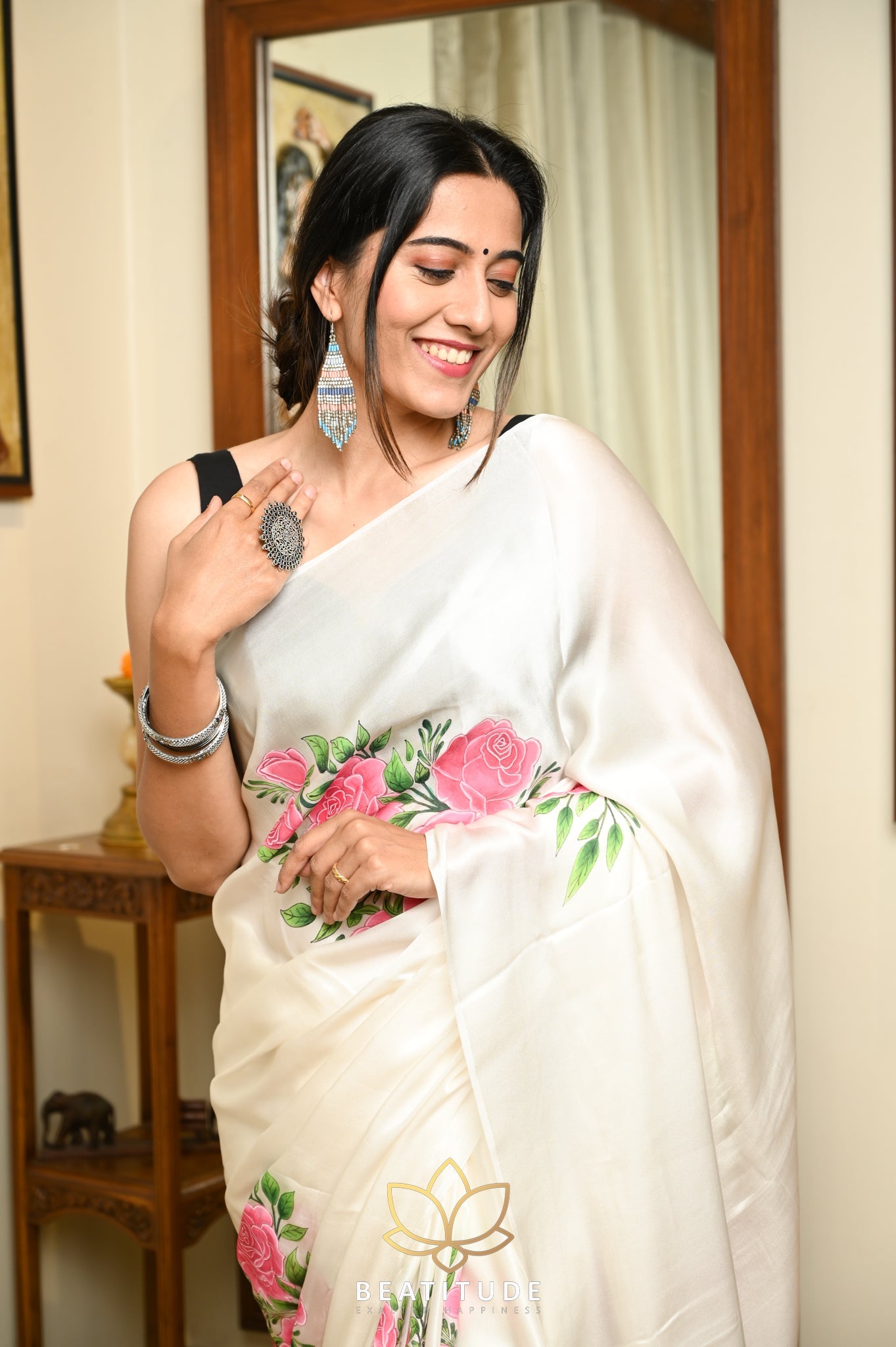 White satin Georgette Handpainted Saree