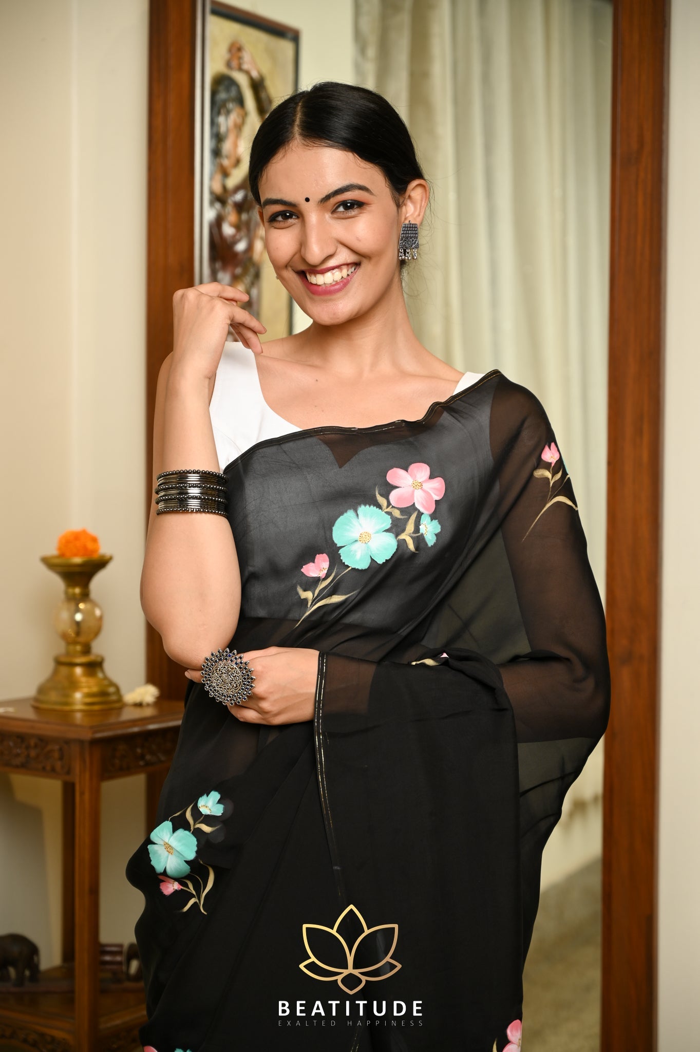 Black Viscose Handpainted Saree