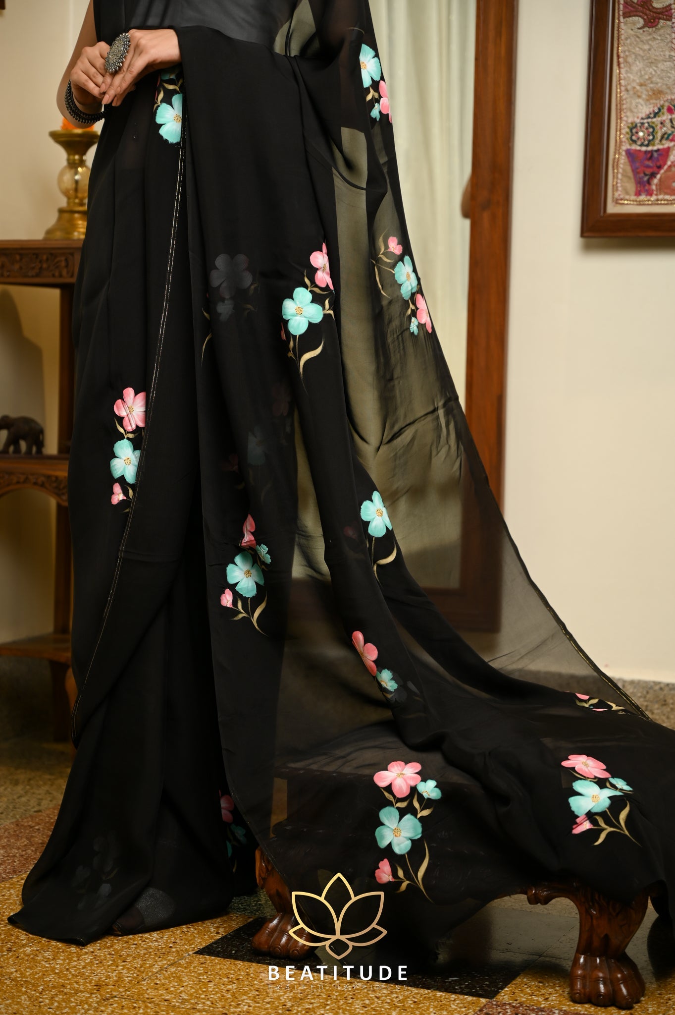 Black Viscose Handpainted Saree