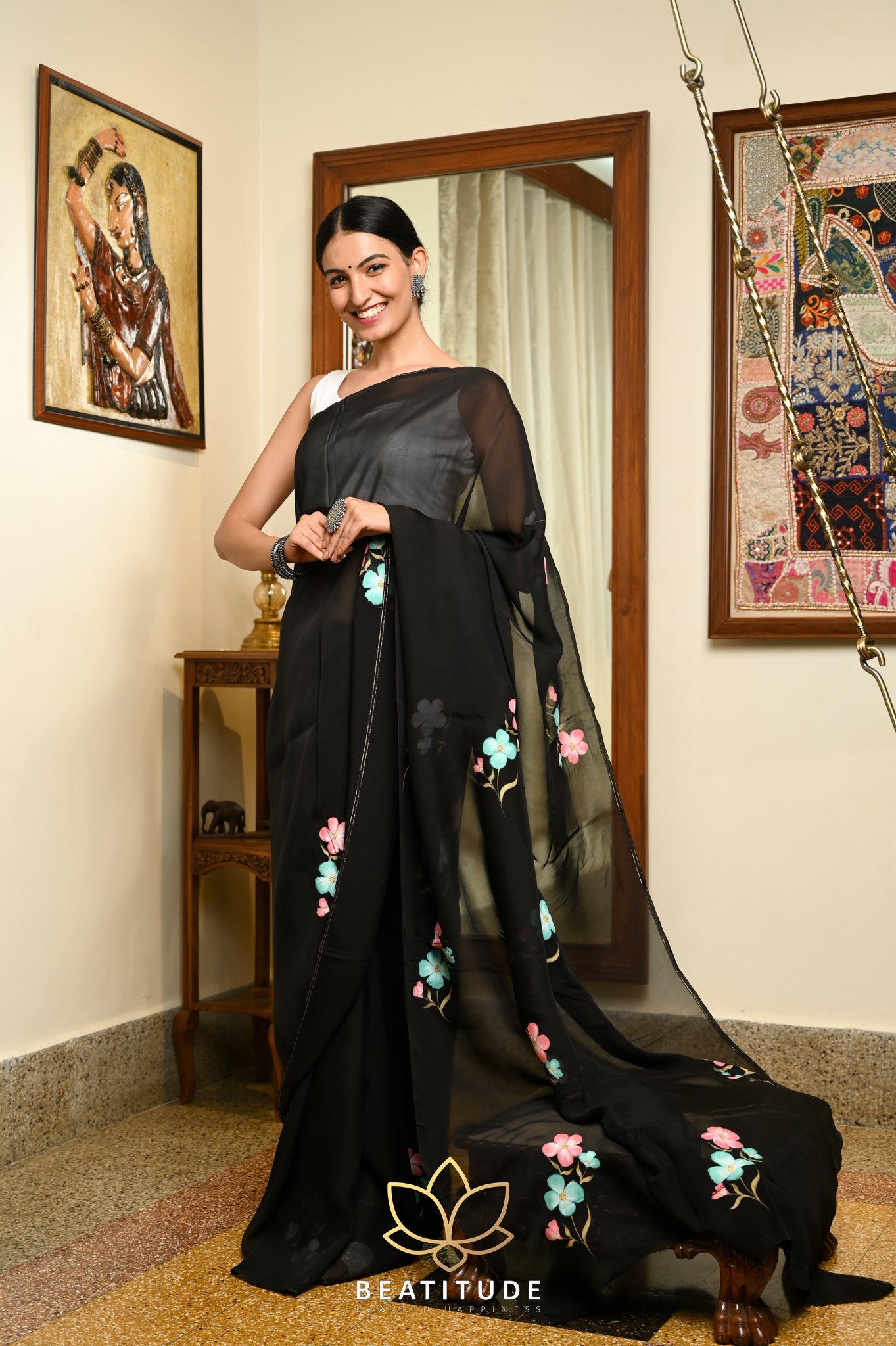 Black Viscose Handpainted Saree